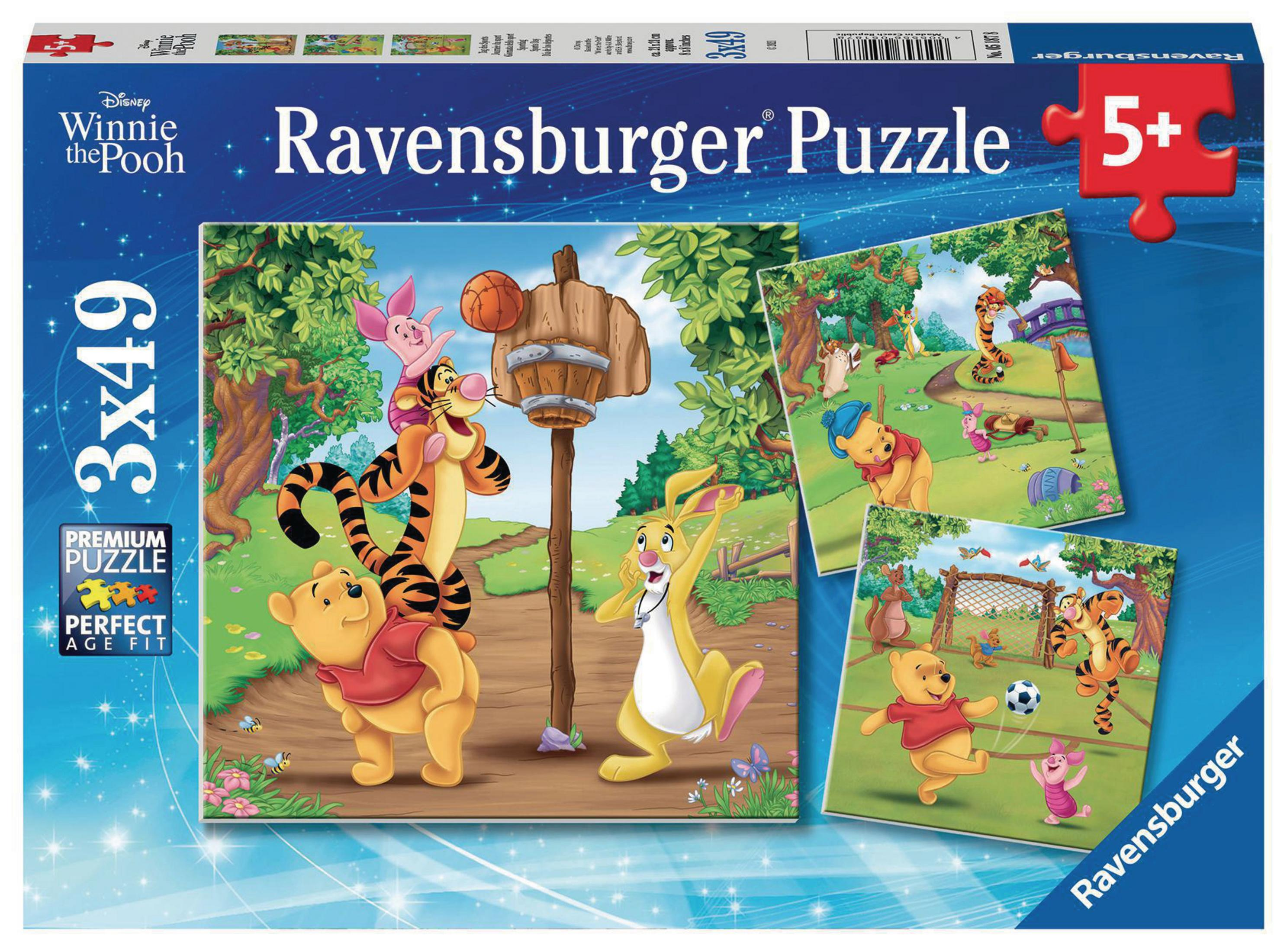 Pudełko z puzzlami Ravensburger z motywem Kubusia Puchatka. Na pudełku wyświetlane są różne obrazy z puzzli.