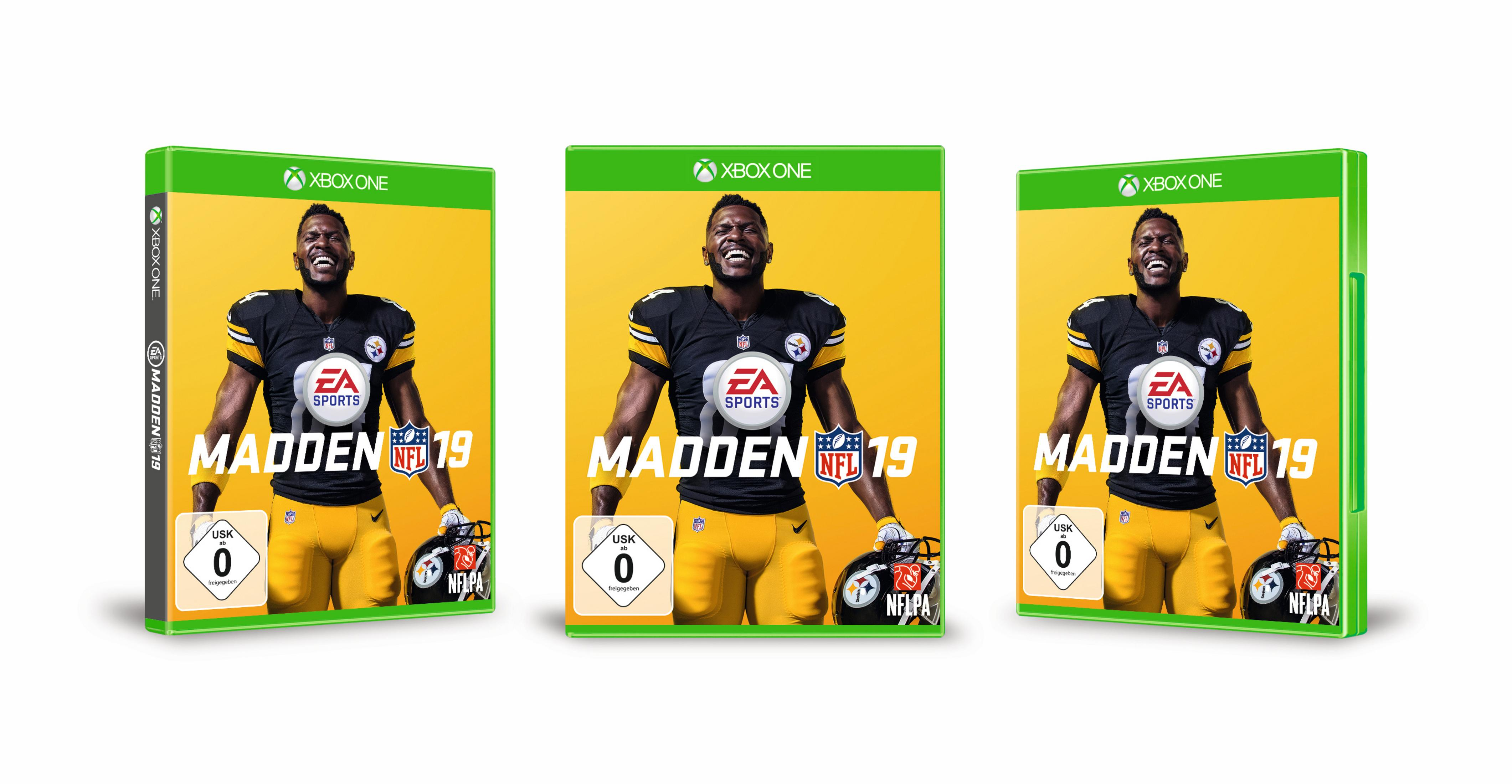 Drie Madden NFL 19 gameboxen met een American footballspeler op de cover, tegen een gele achtergrond.