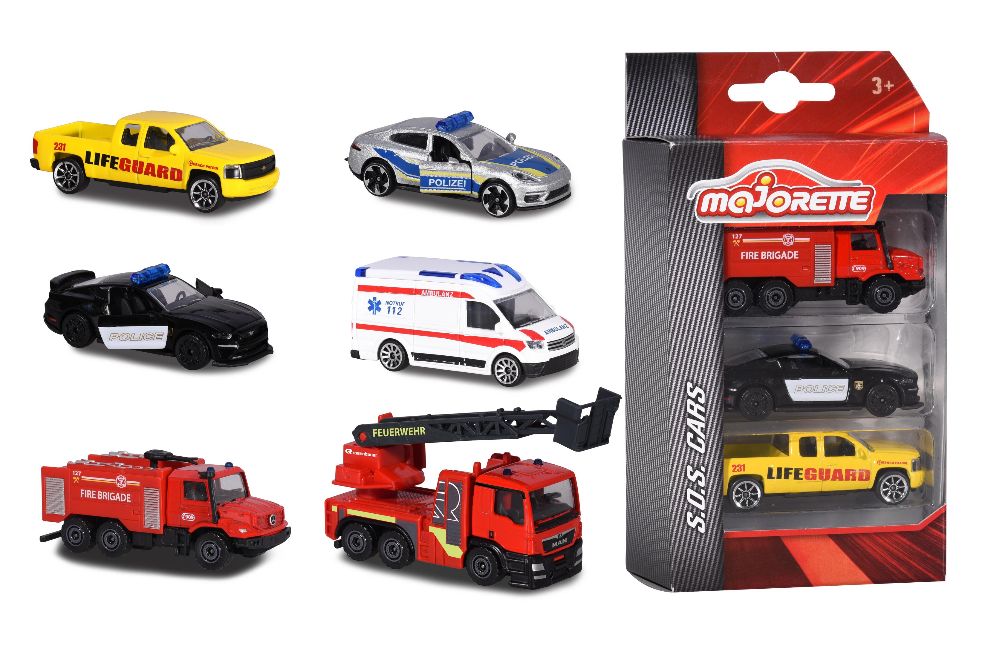 Ein Set von Spielzeugautos: Polizei, Feuerwehr, Krankenwagen und ein Rettungswagen.