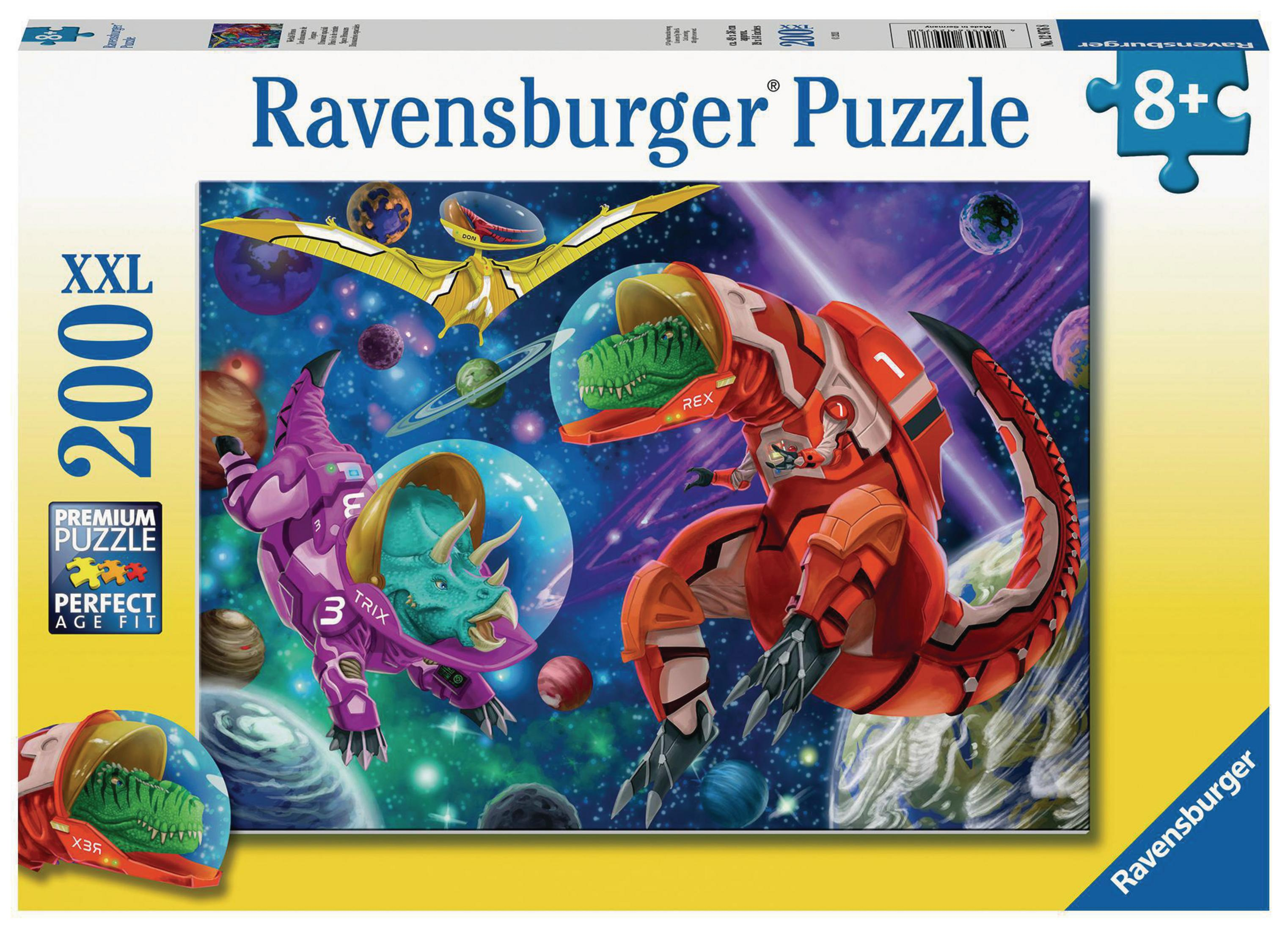 Puzzledose mit Dinosauriern in Raumanzügen auf Planetenhintergrund. Zeigt Puzzleteile.