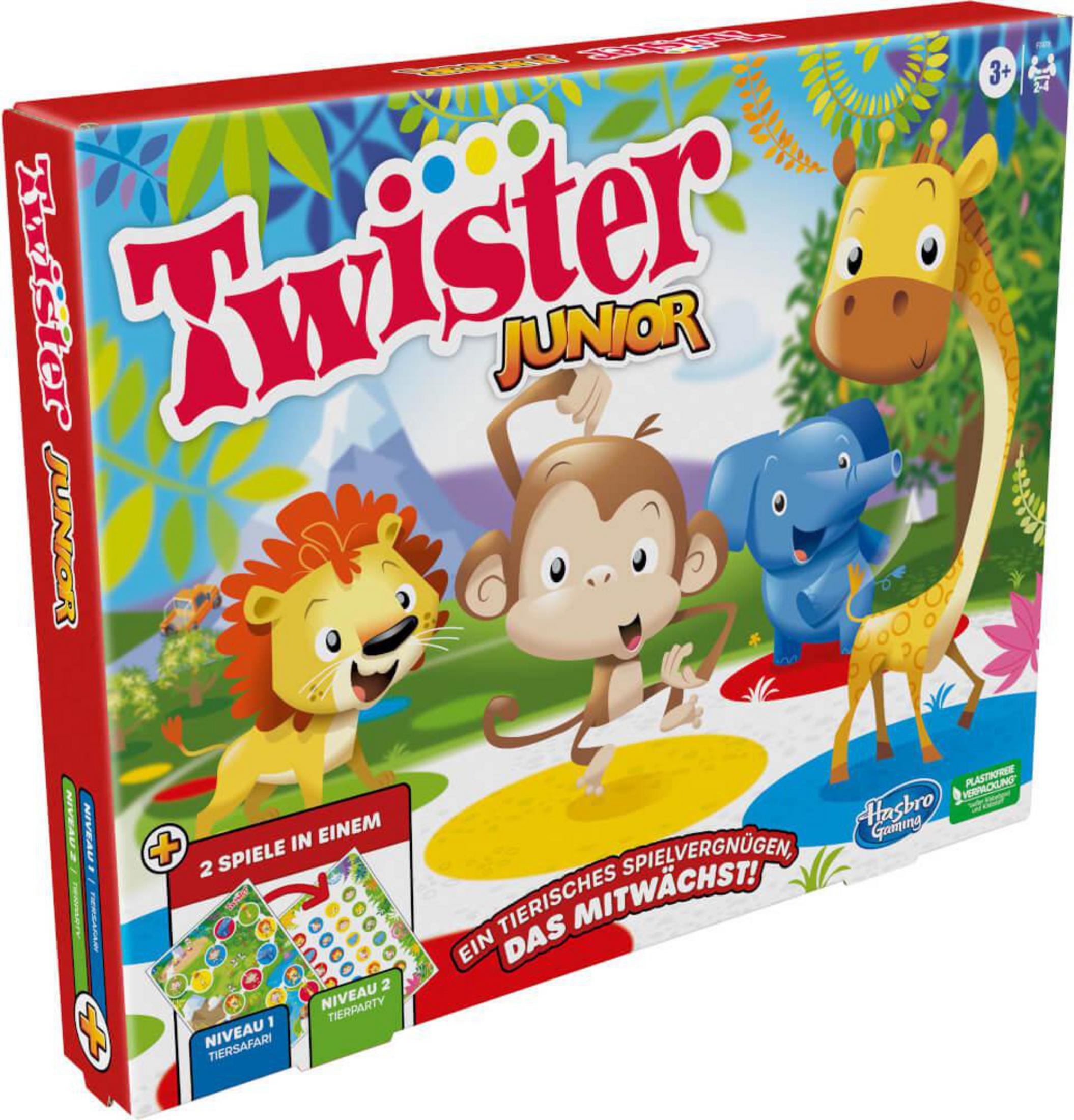 Eine Twister Junior Spielbox mit Zeichentricktieren und dem Spieltitel auf der Vorderseite.