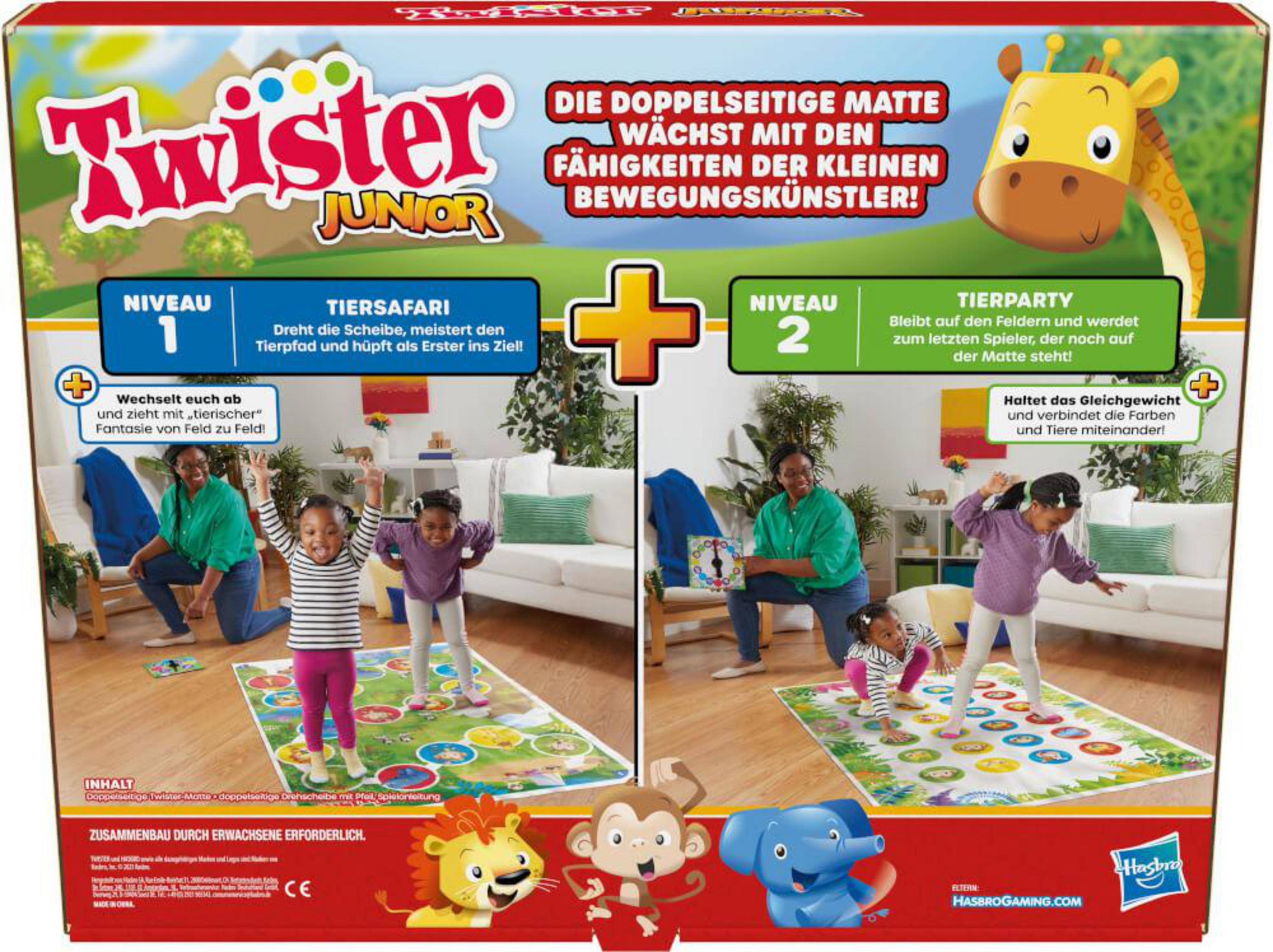 Twister Junior Spielbox mit spielenden Kindern, mit einer Giraffenillustration und Text auf Deutsch.