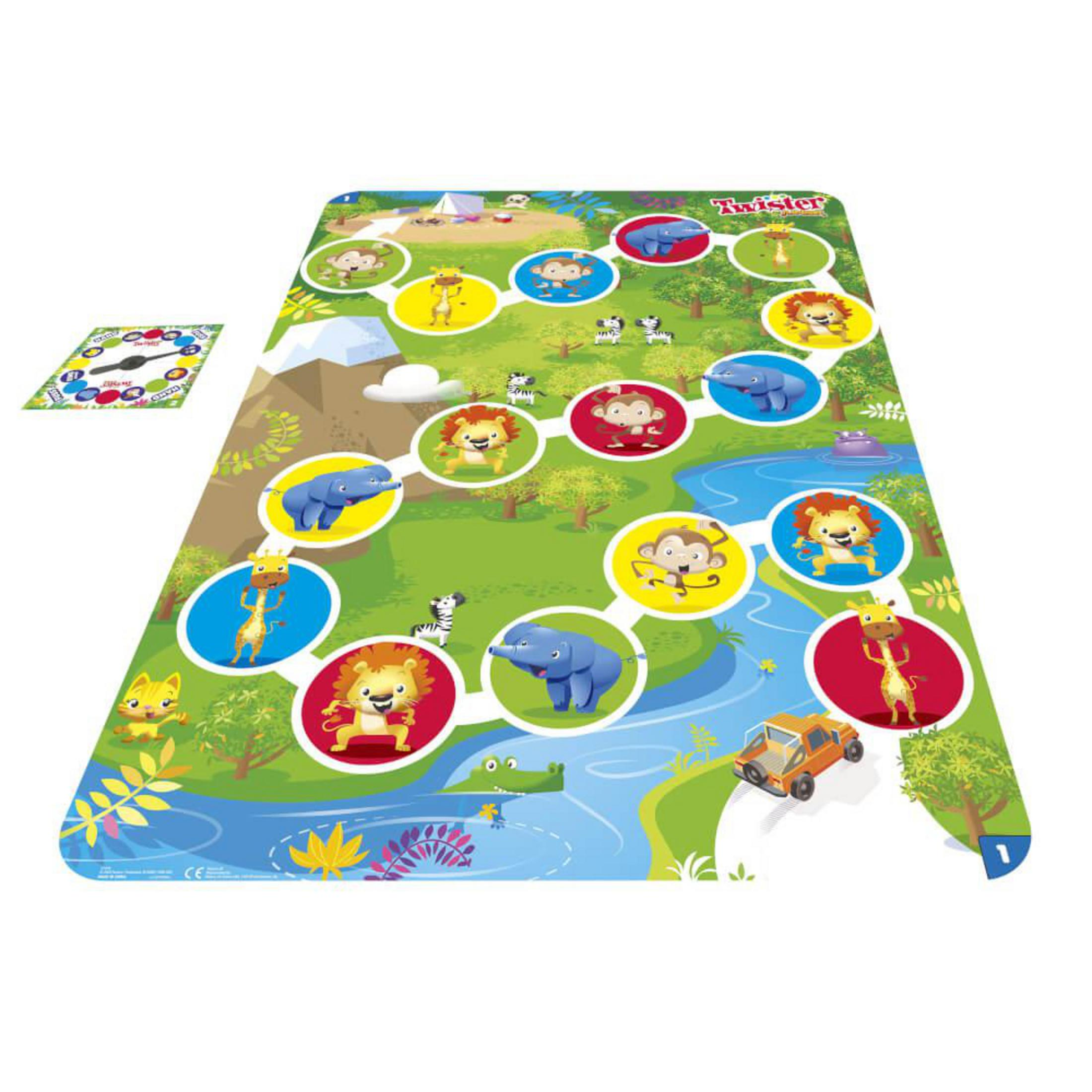 Ein Brettspiel mit Tierillustrationen. Ein Auto und eine Karte sind ebenfalls im Bild. Das Spiel hat einen Fluss.