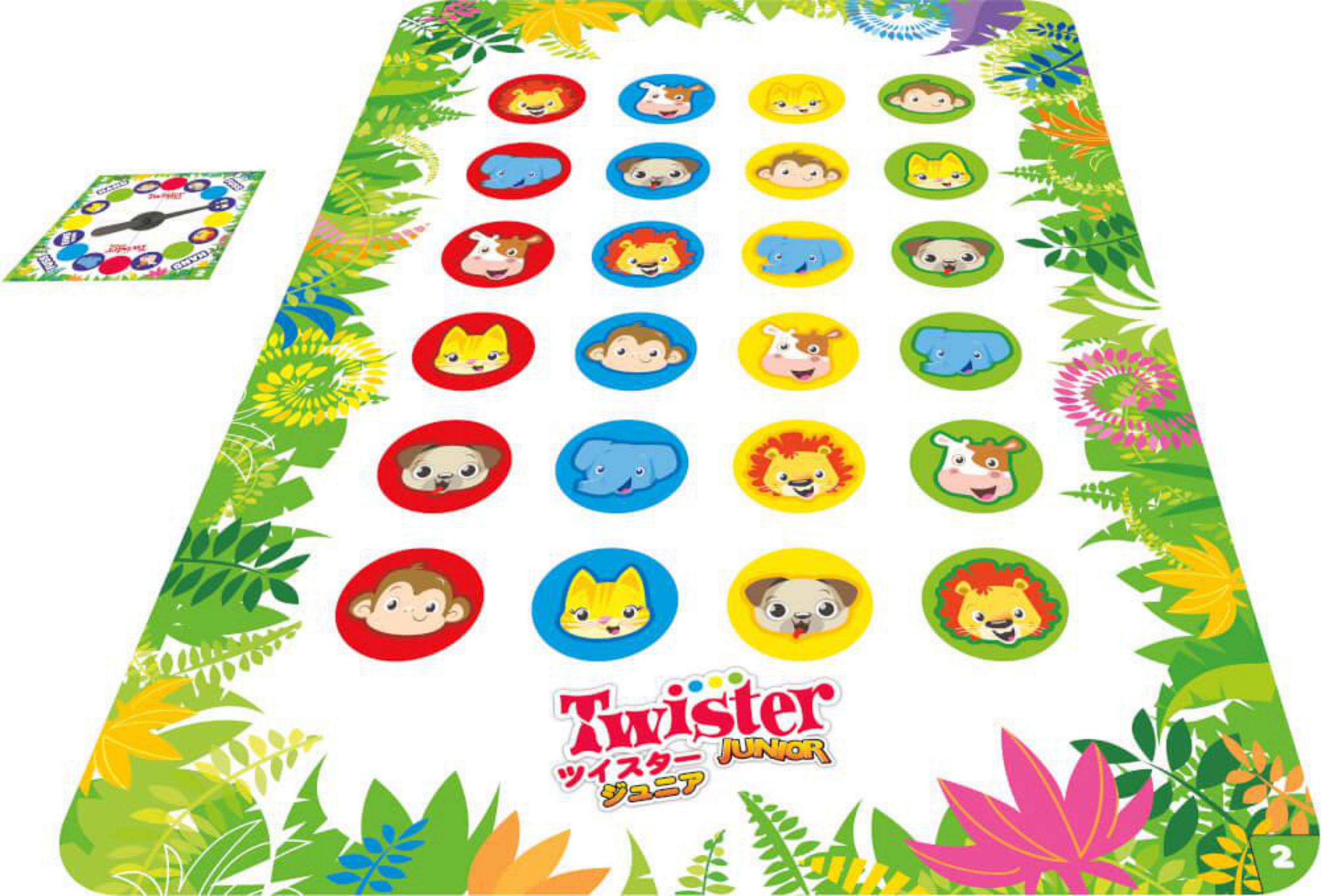 Twister Junior Spielbrett mit Tiergesichtern und einem Spinner, umgeben von Dschungelblättern.