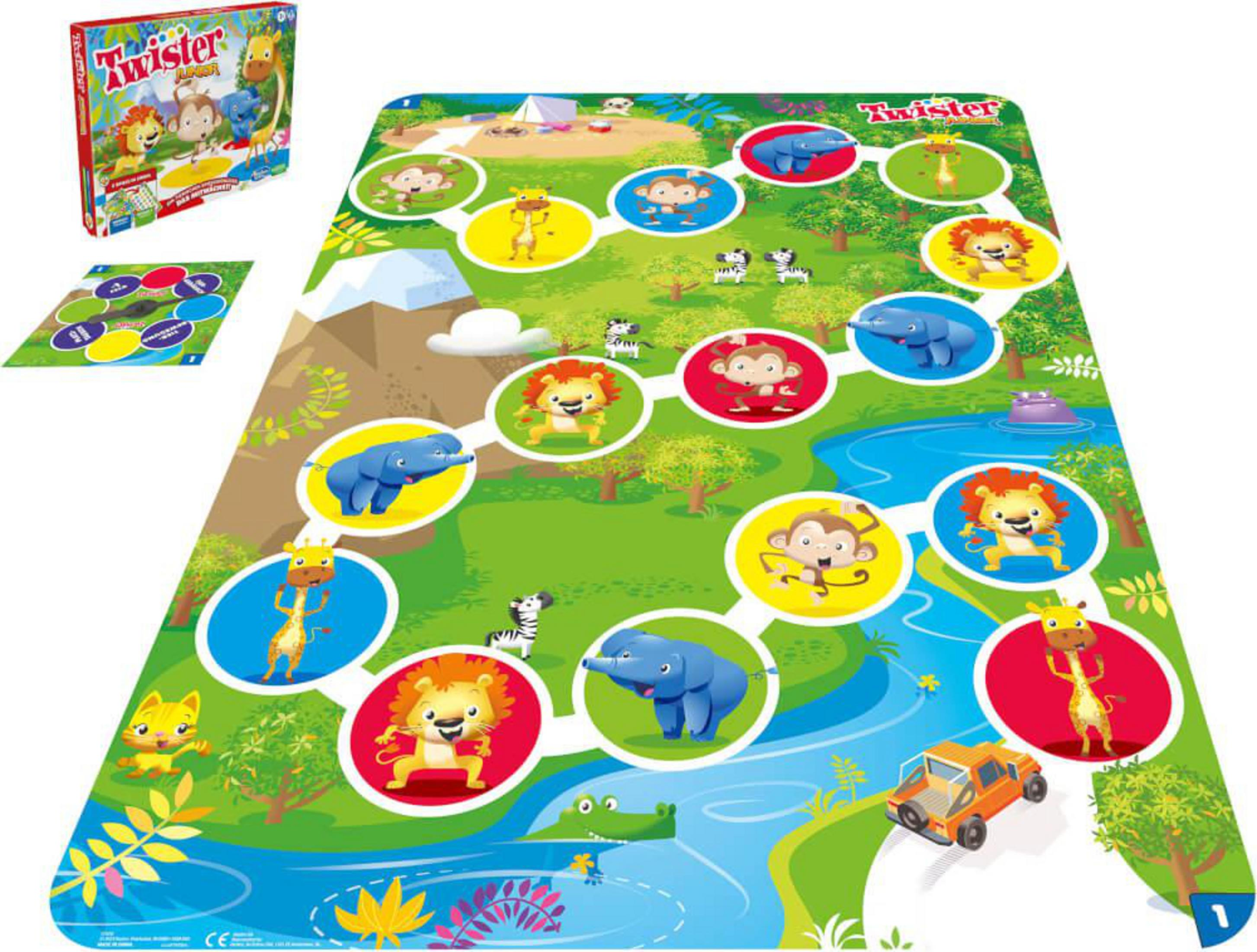 Ein Twister-Spielbrett mit einem grünen Feld mit Tierillustrationen und einem Satz Spielsteine.