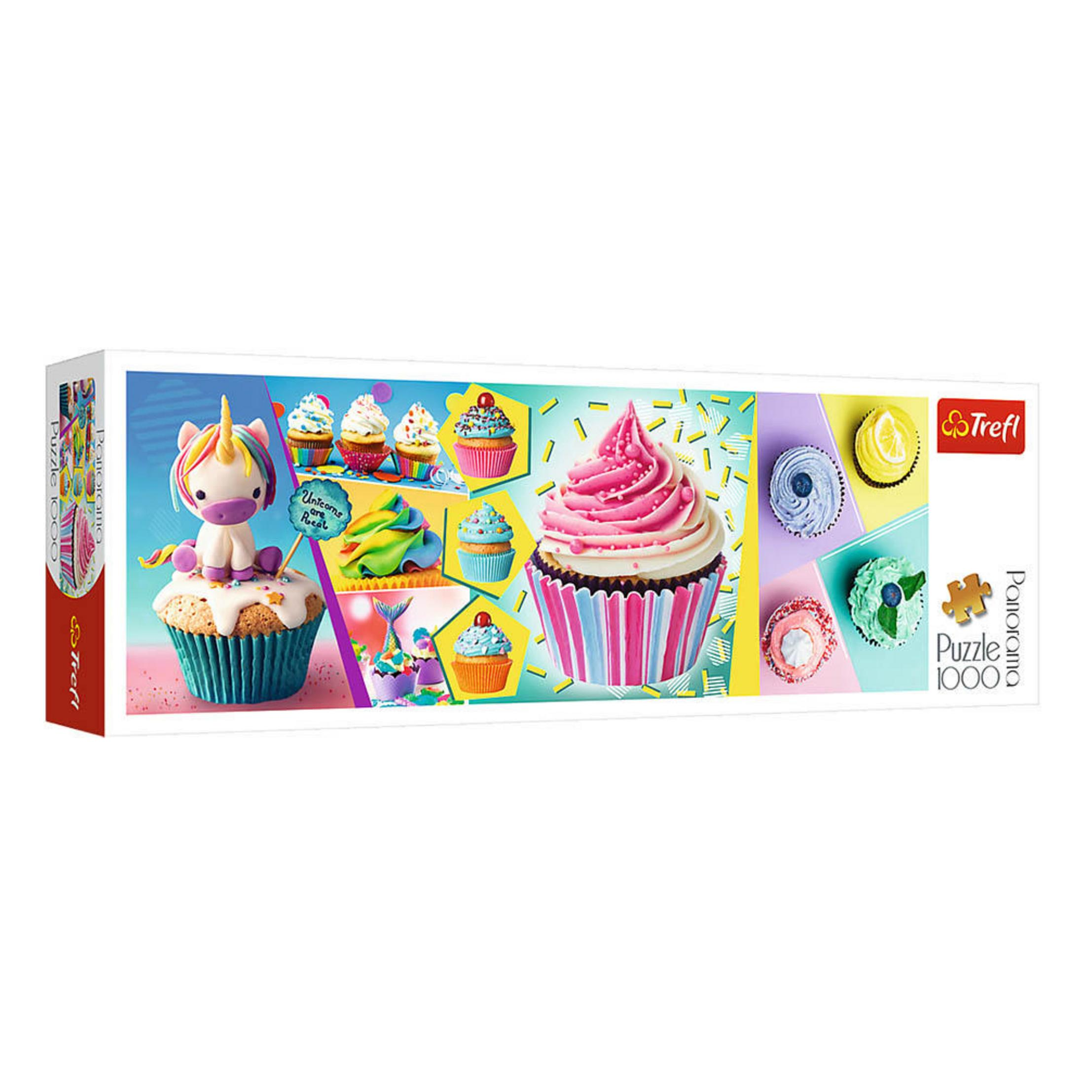 Puzzleschachtel mit verschiedenen Cupcakes, einem Einhorn und einem Regenbogen auf weißem Hintergrund.