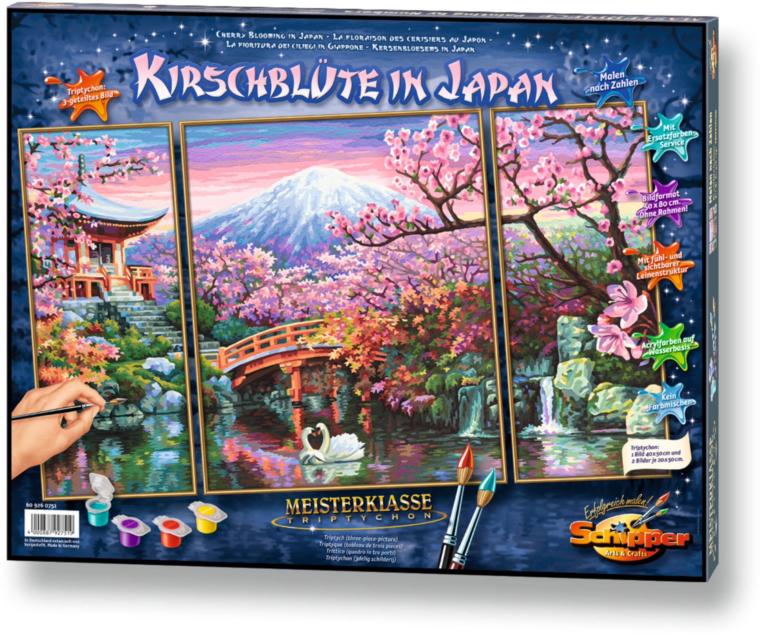 Malset-Box, Kirschblüte in Japan, mit einem Landschaftsbild Japans.