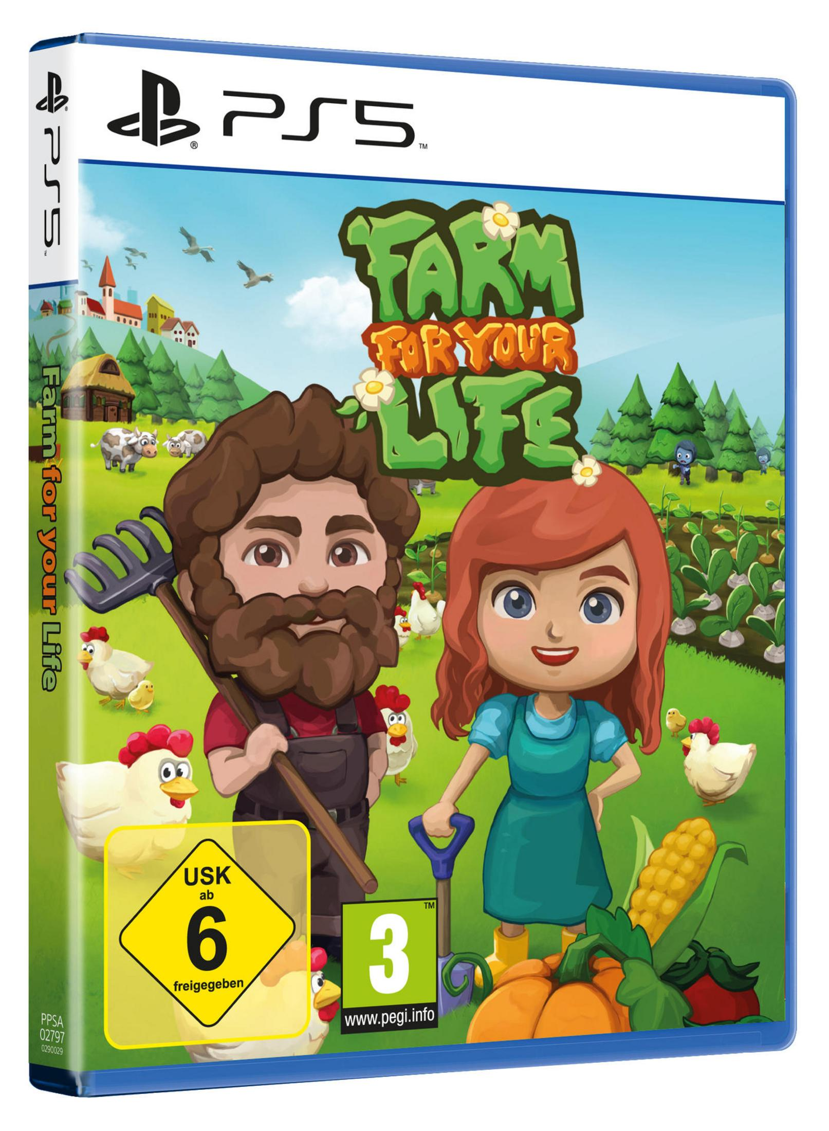 PS5-Spielcover: Farm for Your Life. Zwei Comic-Bauern, Hühner und eine Farm-Szene.