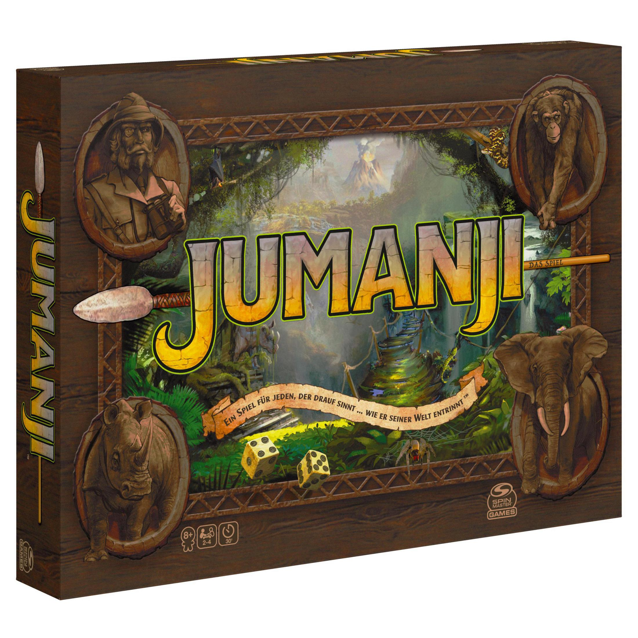 JUMANJI-Brettspielbox mit Dschungelszenen und Charakteren. Würfel sind im Vordergrund.