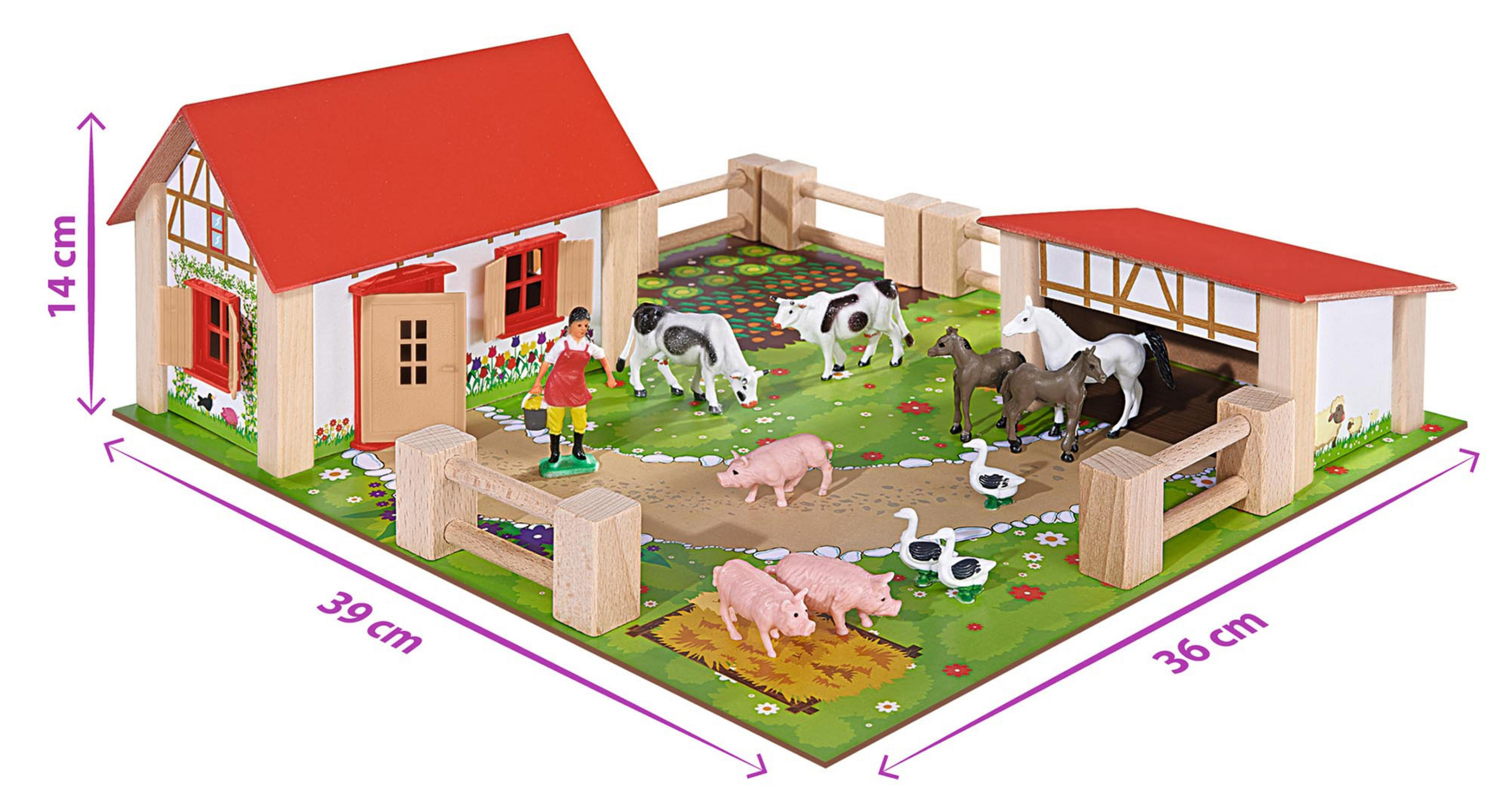 Scena z farmy z zabawkami. Ustawiono stodołę, drzewa, ogrodzenie i figurki ludzi, koni, krów, świń i kaczek.
