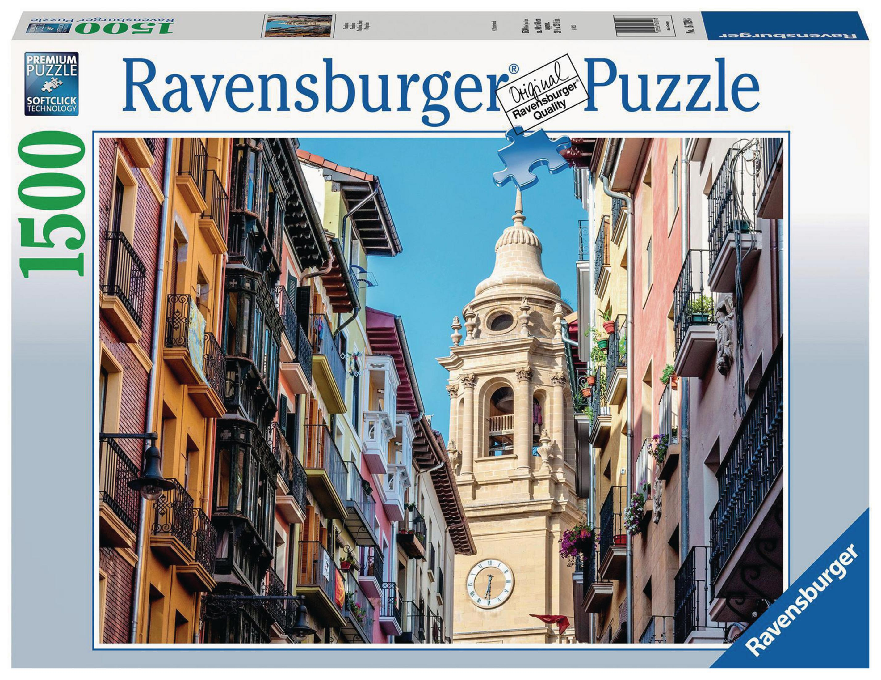 Puzzle di una città spagnola con edifici colorati e un campanile.