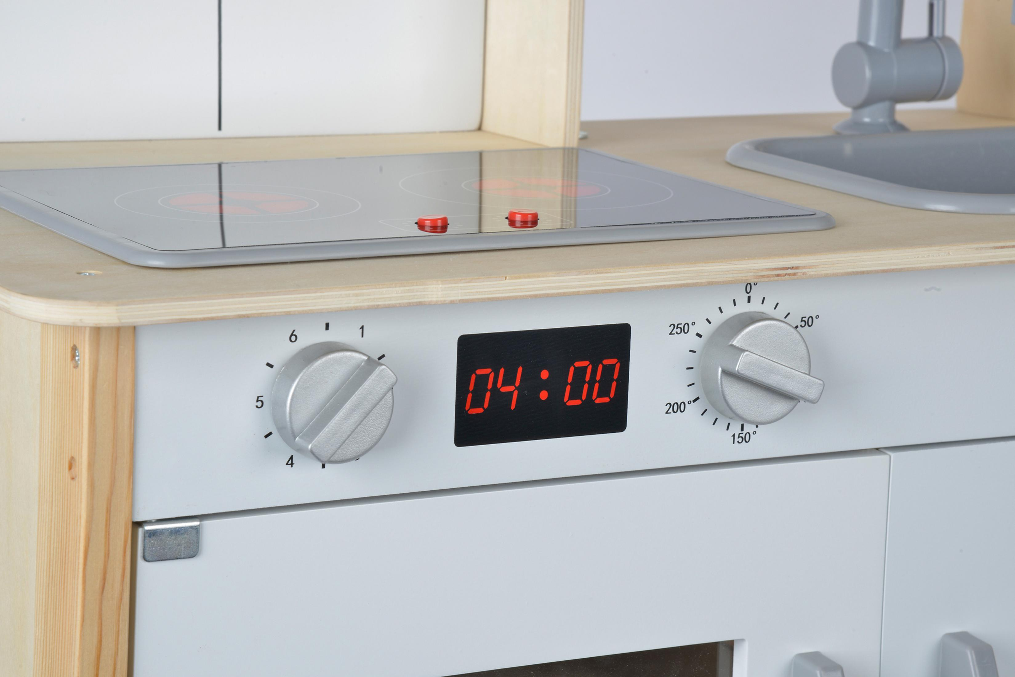 Cucina giocattolo in legno con fornello, forno e orologio digitale. L'orologio segna le 4:00.