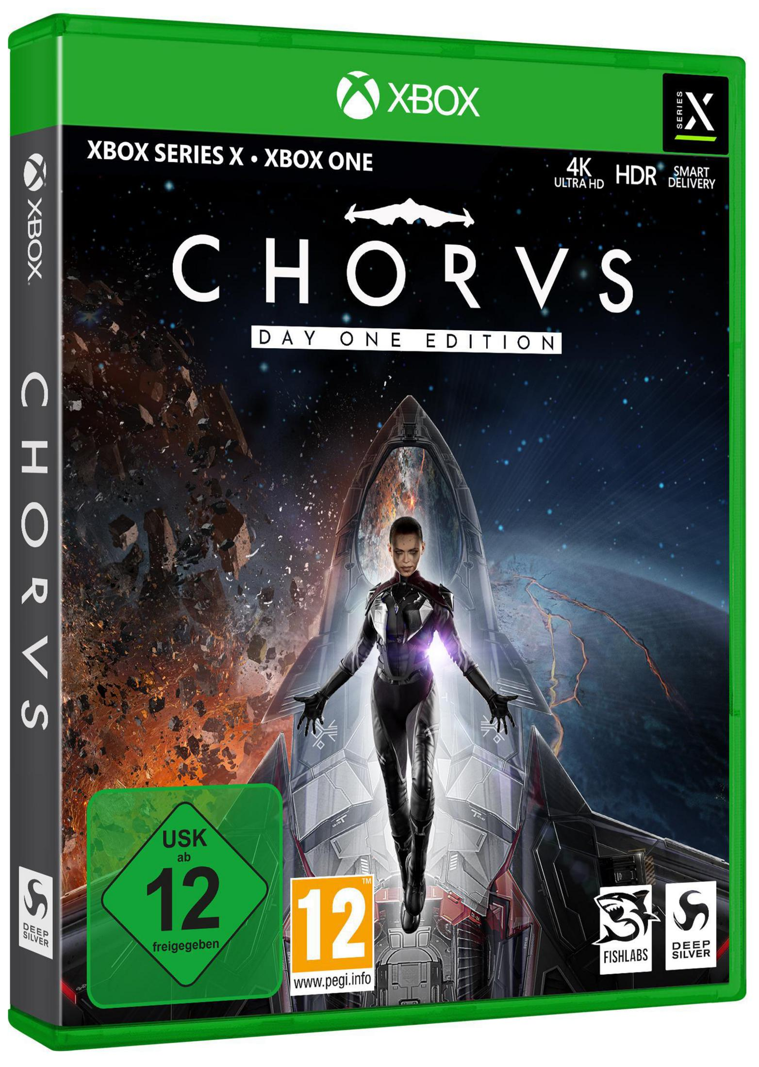 Xbox-Spielbox für Chorvs: Day One Edition, mit einer futuristischen Frau und einem Raumschiff.