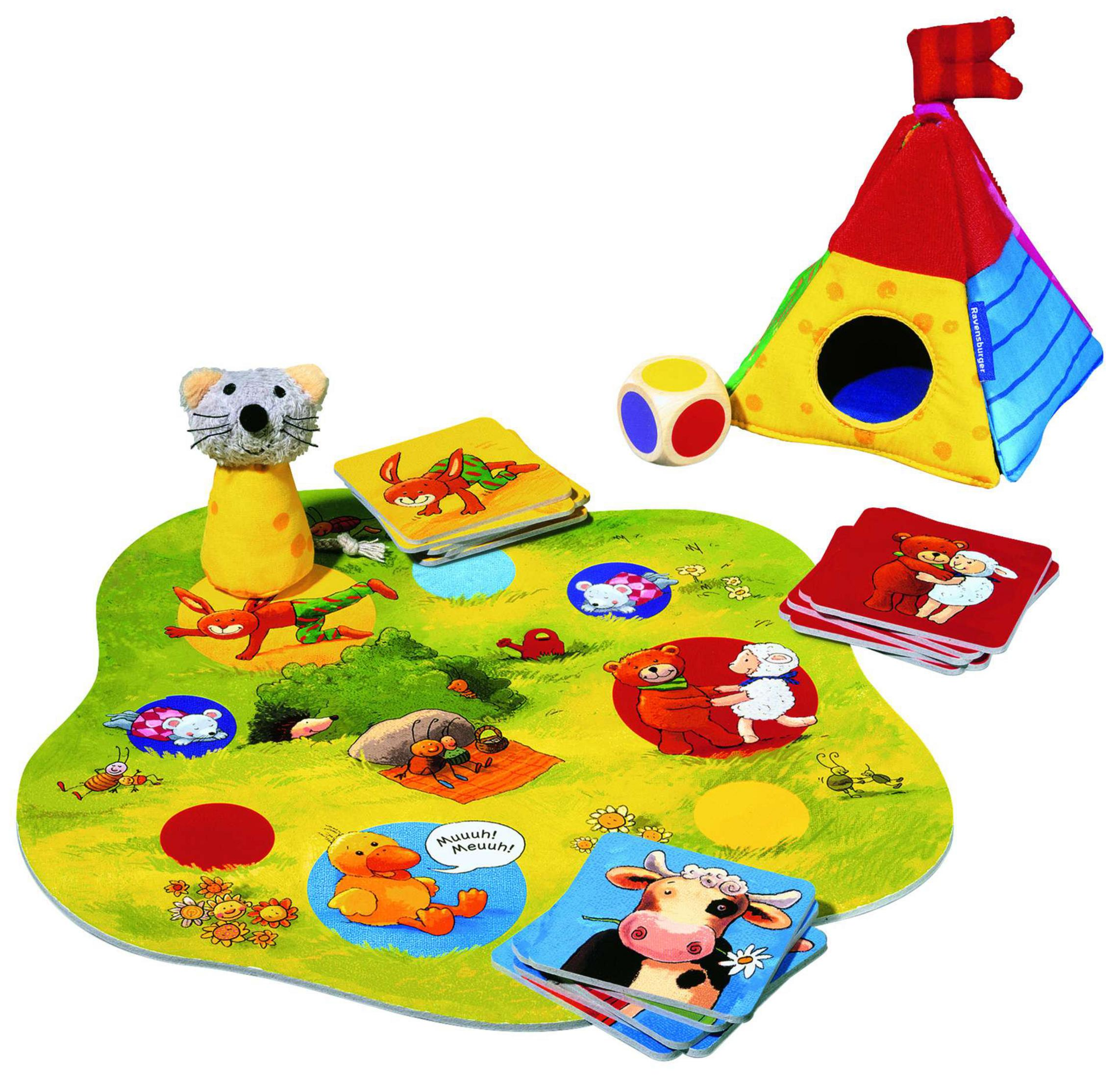 Ein Kinderspielbrett mit Tierfiguren, einem Zelt und einem Würfel auf grünem Hintergrund.