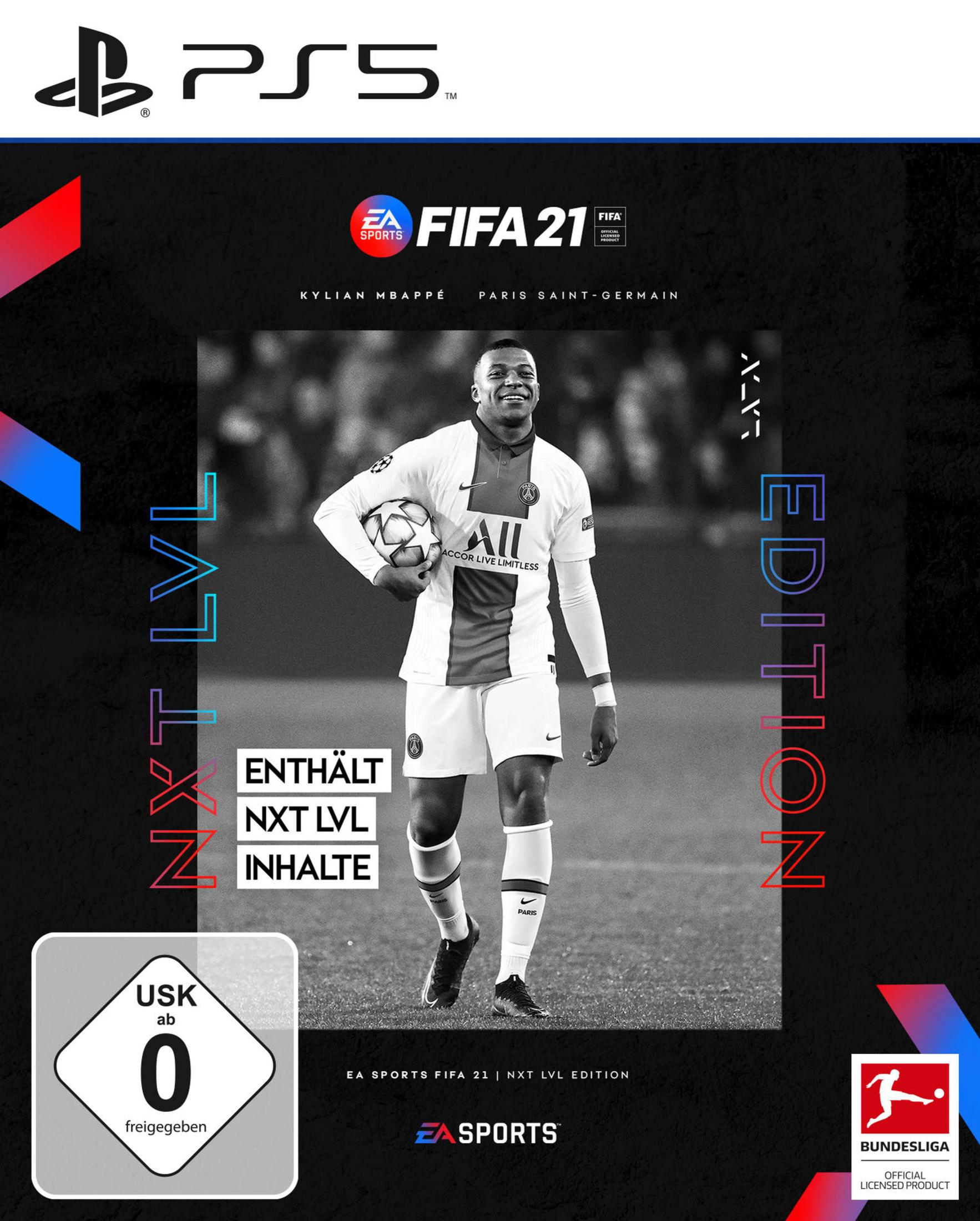 FIFA 21 Spielcover. Kylian Mbappe hält einen Ball. Das Cover enthält das PS5-Logo und das EA SPORTS-Logo.