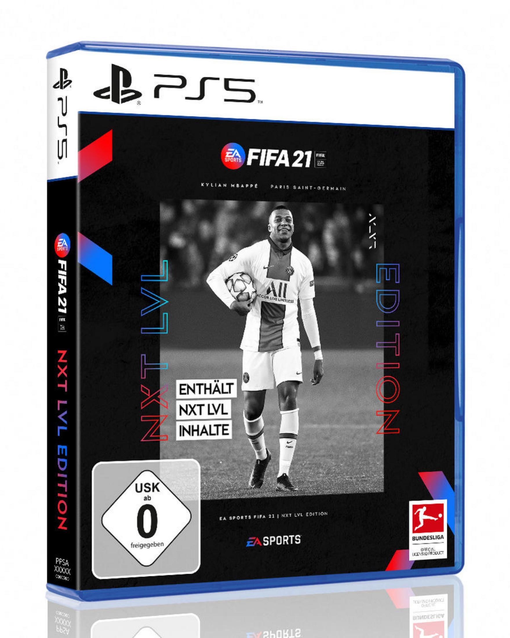 Eine PS5-Spielbox für FIFA 21 NXT LVL Edition. Enthält Kylian Mbappé auf dem Cover und einen schwarzen Hintergrund.