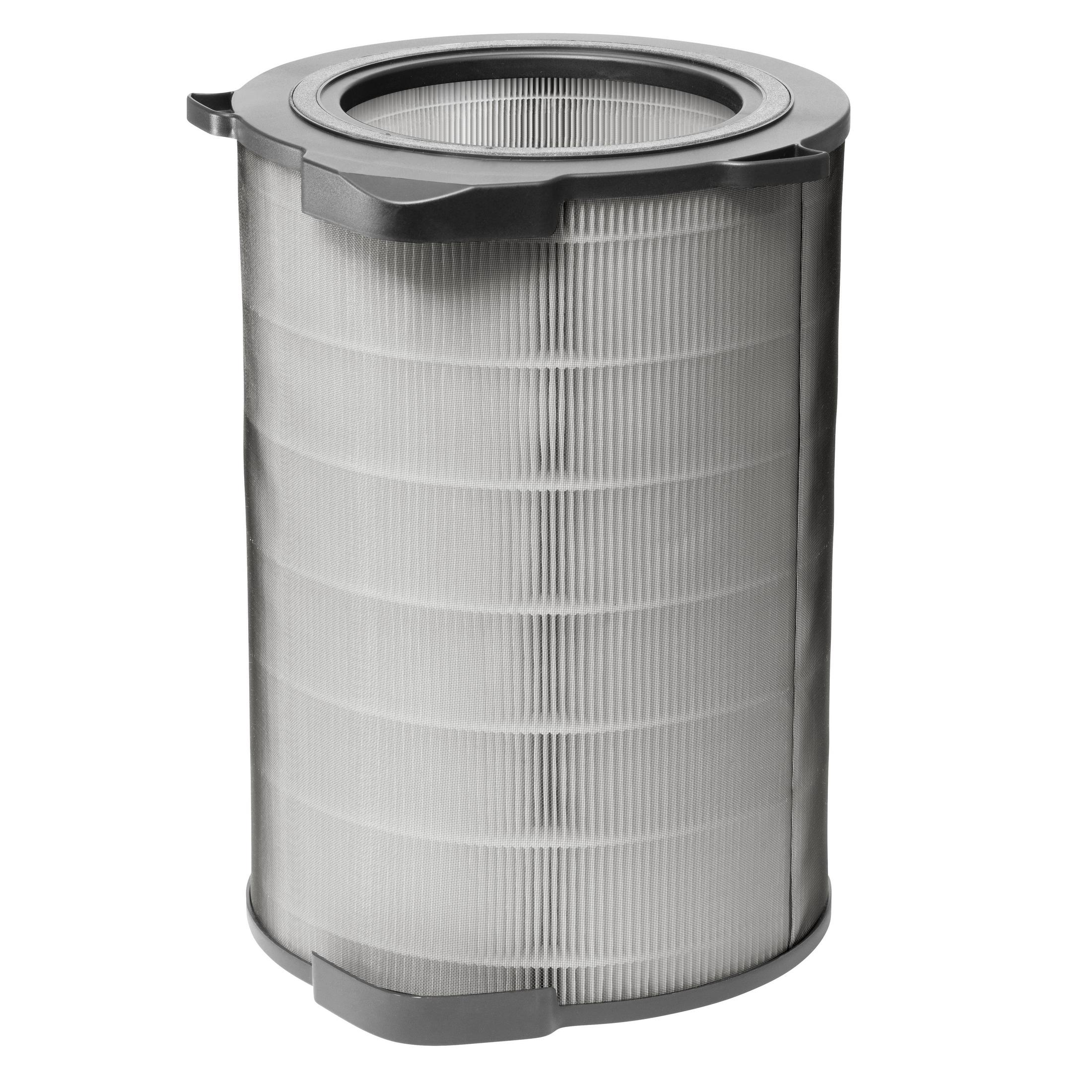 Un filtro de aire con forma cilíndrica, compuesto por material filtrante plisado blanco y un marco gris.
