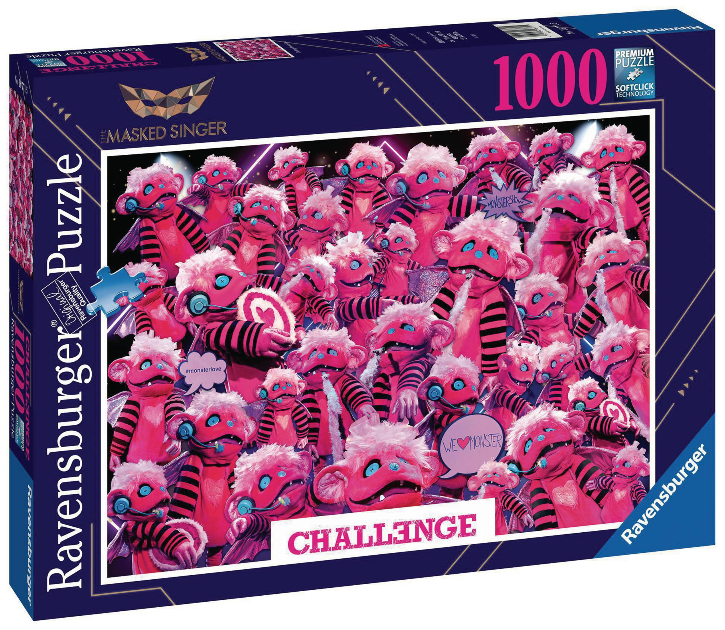 Puzzelbox met veel roze kostuumfiguren, die het Masked Singer-spel promoten.