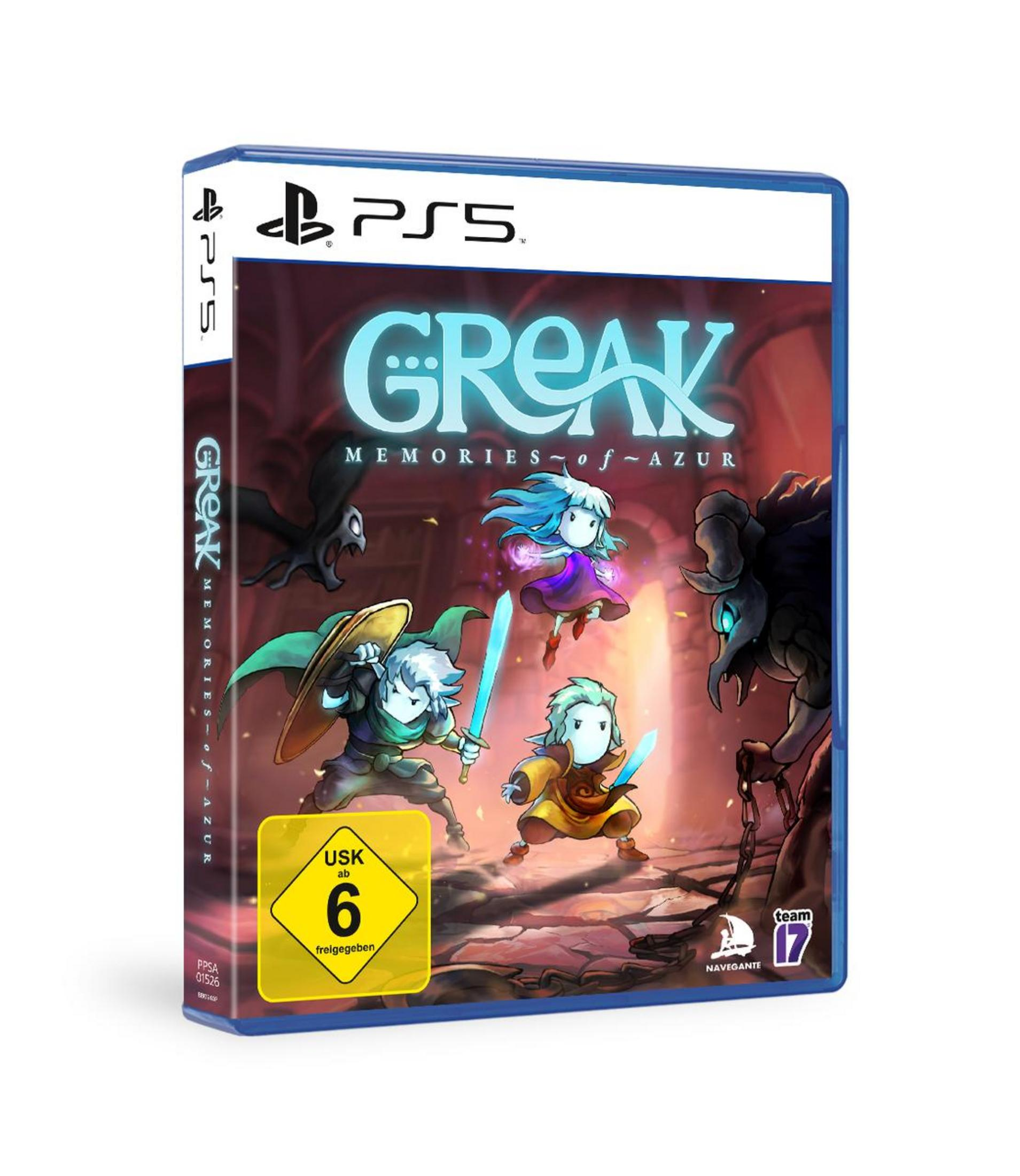 Eine PS5-Spielbox für 'Greak: Memories of Azur'. Das Cover zeigt Charaktere in einer Fantasy-Umgebung.