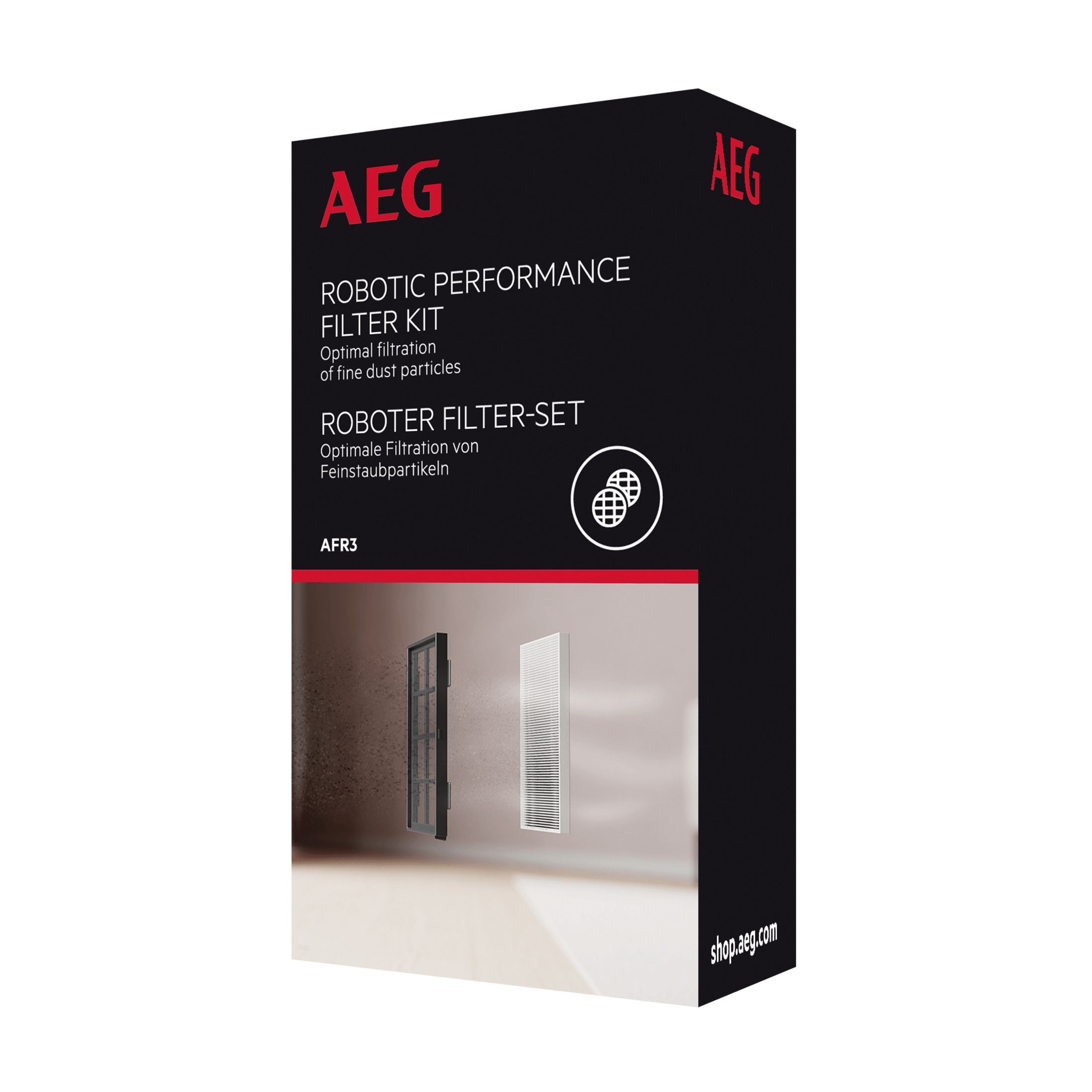 AEG Roboter-Filter-Kit-Box mit angezeigten Filtern auf weißem Hintergrund.