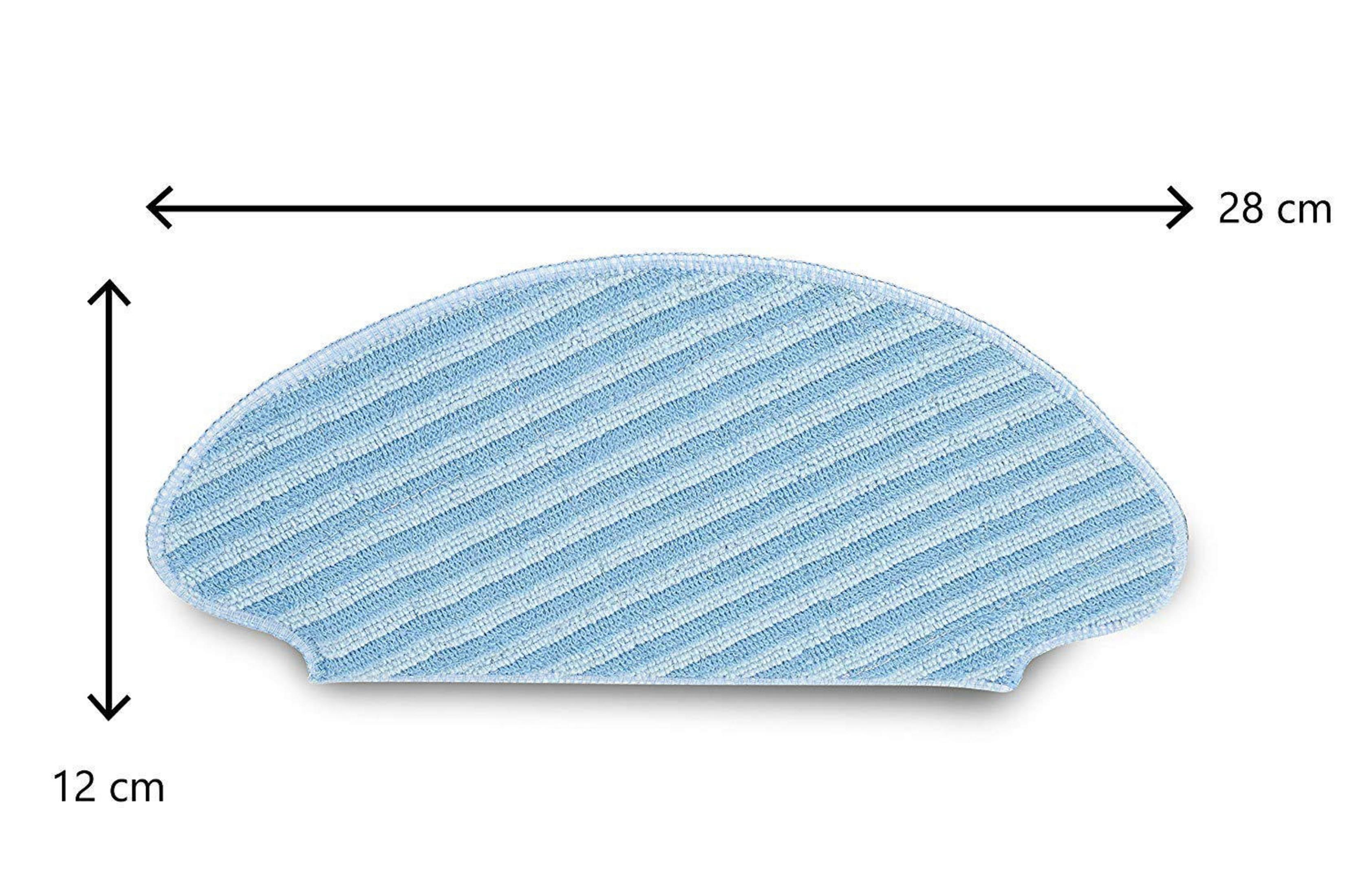 Mopa azul y blanca. Dimensiones: 28 cm x 12 cm. La almohadilla tiene forma de media luna con rayas diagonales.