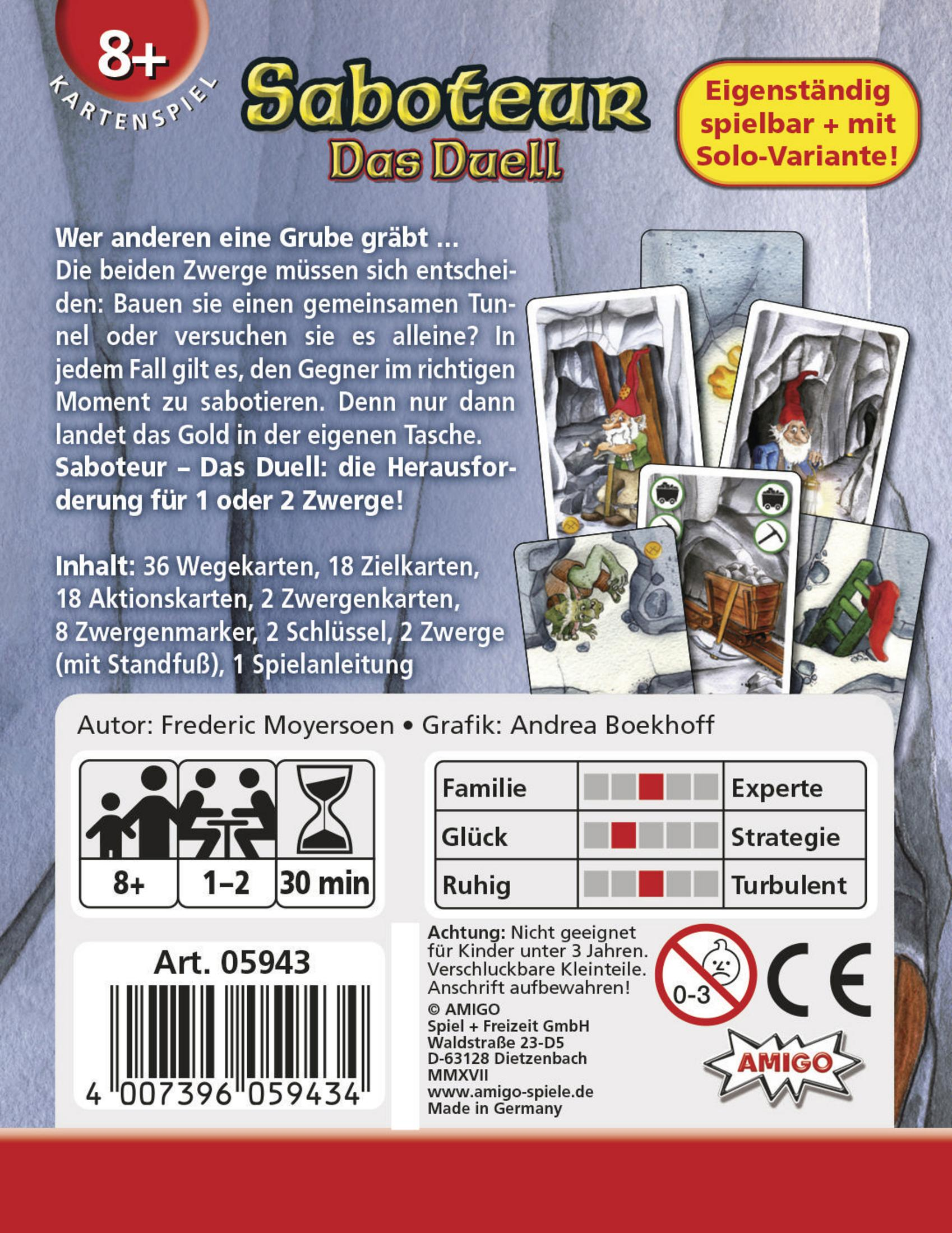 Le dos d'une boîte de jeu de cartes avec texte et images. Montre un nain et un décor de mine.