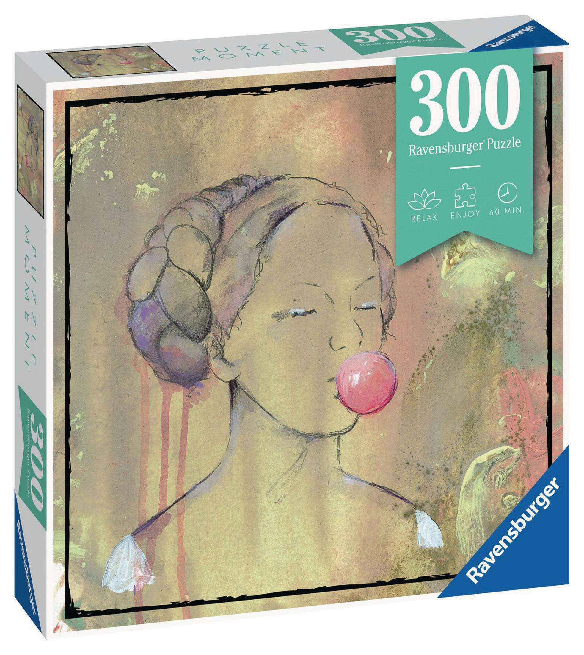 Eine Puzzledose mit einer Frau, die Kaugummi bläst, und dem Text 'Puzzle Moment'.