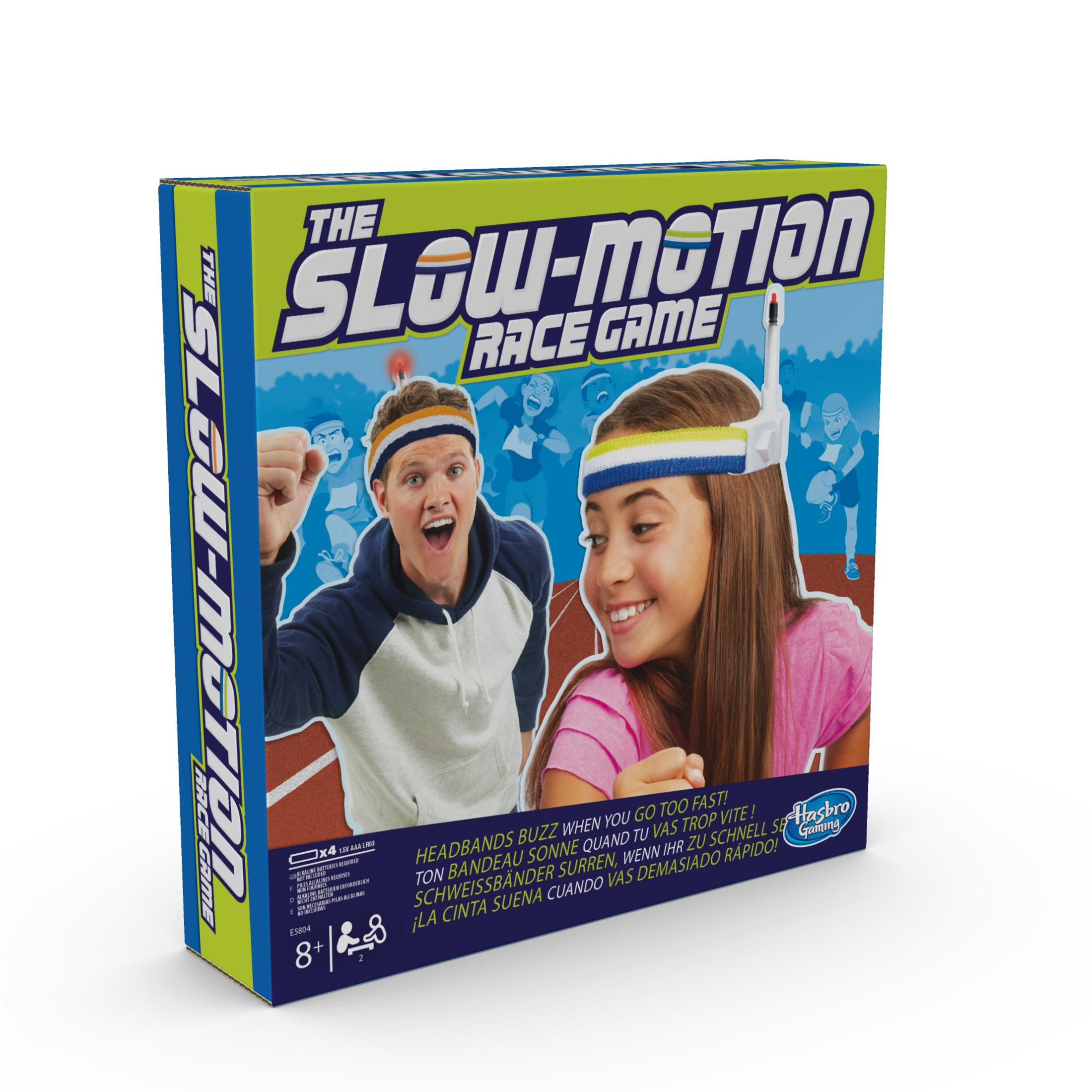 Eine Brettspielbox mit dem Titel „The Slow-Motion Race Game“ mit einem lächelnden Paar.