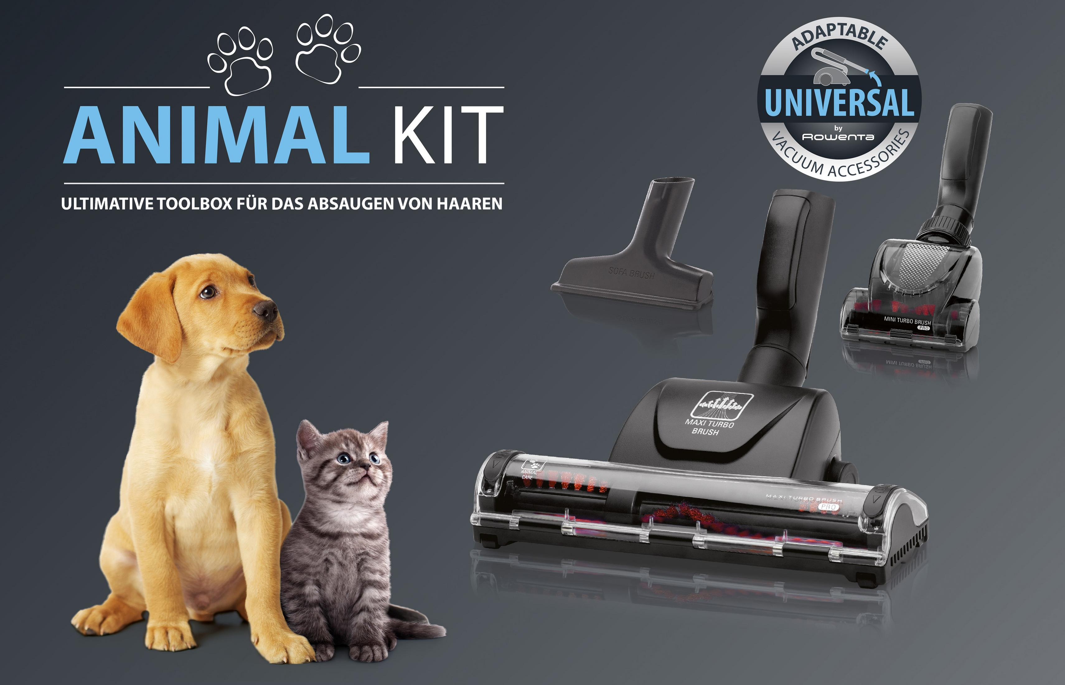 Pies i kot obok odkurzacza z akcesoriami i słowami 'ANIMAL KIT'.