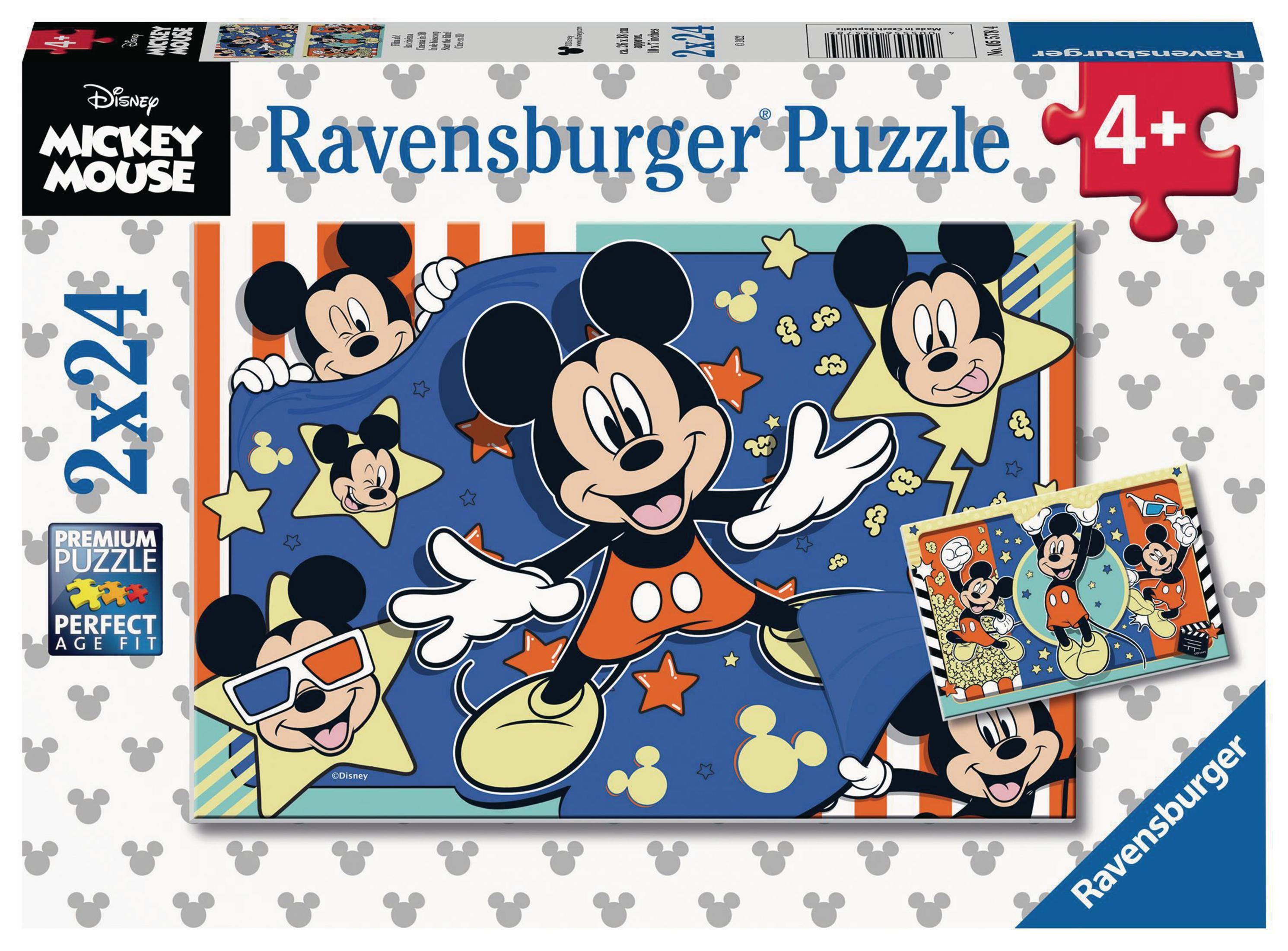 Pudełko z puzzlami Myszki Miki. Myszka Miki jest na puzzlach. Pudełko zawiera mniejszy obrazek.