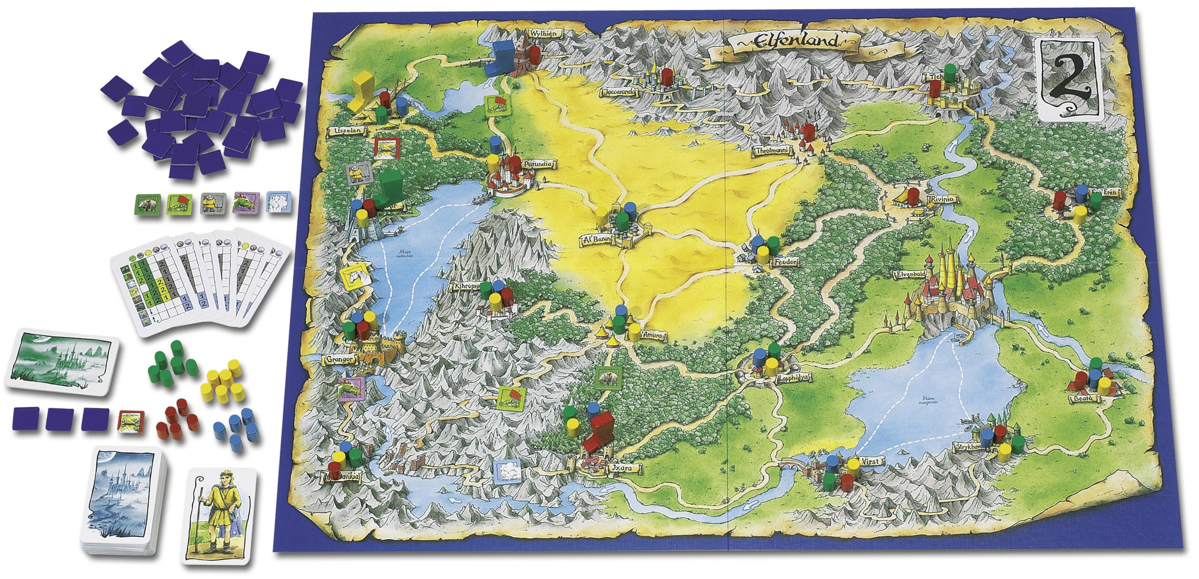 Brettspiel mit Karte, Spielsteinen und Karten. Die Karte ist mit Elfendor und verschiedenen Orten beschriftet.