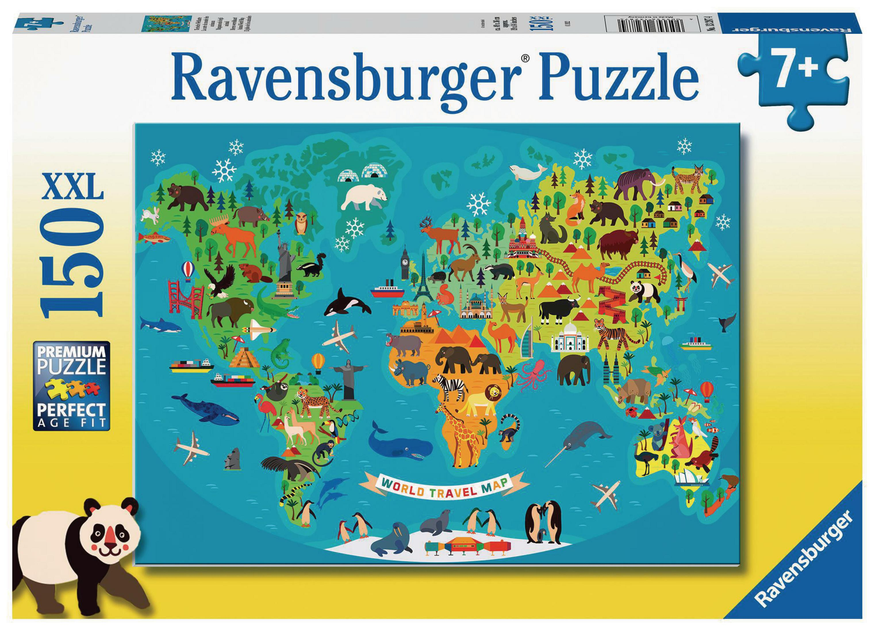 Pudełko z puzzlami. Mapa świata ze zwierzętami. Tytuł: Ravensburger Puzzle. 150 elementów.