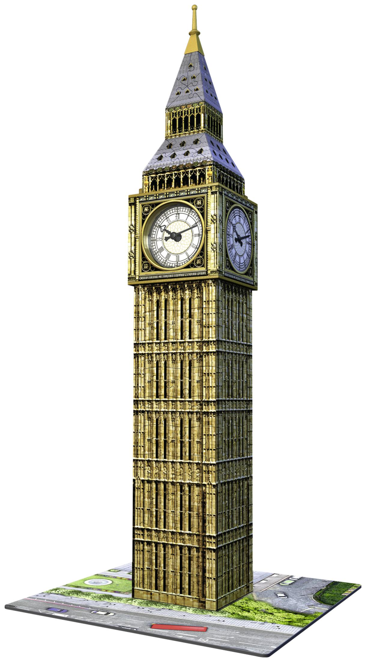 Puzzle z wieżą zegarową Big Ben. Kolory beżowy i złoty. Białe tło.