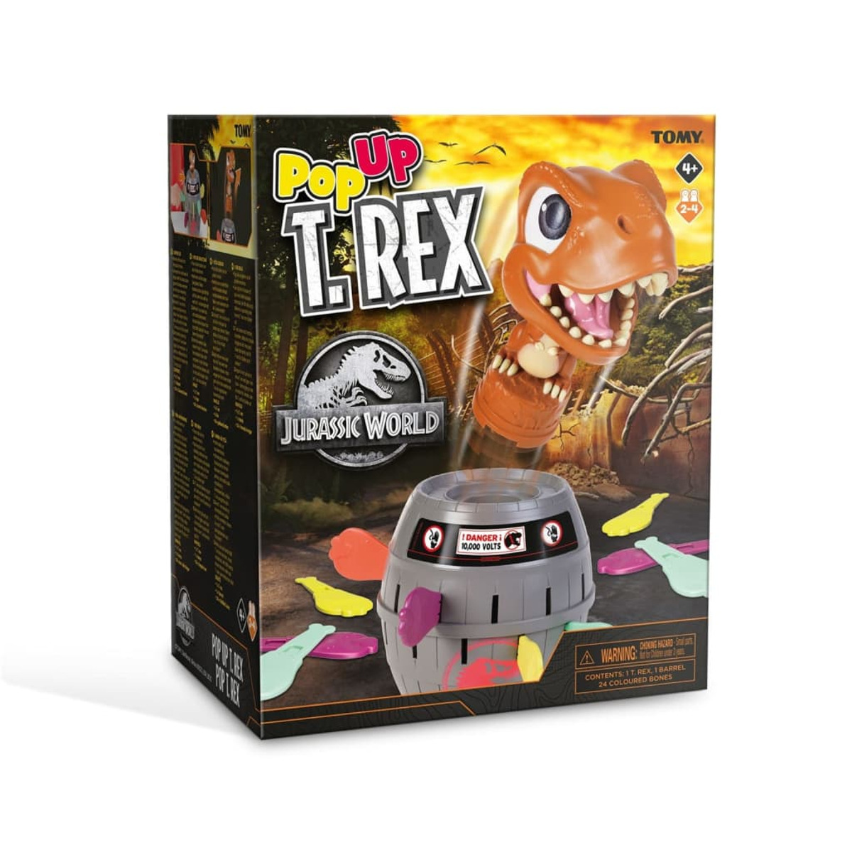 Una scatola di gioco Pop Up T-Rex Jurassic World. Mostra una figura di T-Rex e ossa colorate.