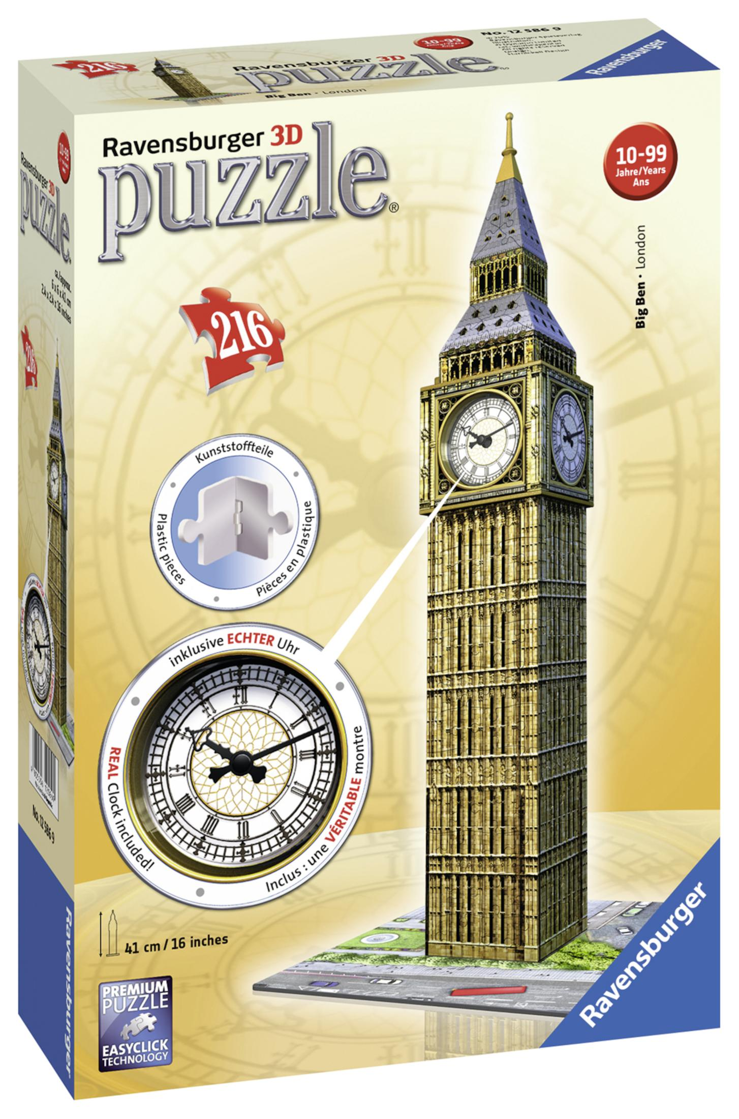 Pudełko puzzli 3D Big Ben firmy Ravensburger. Puzzle 3D wieży zegarowej Big Ben.