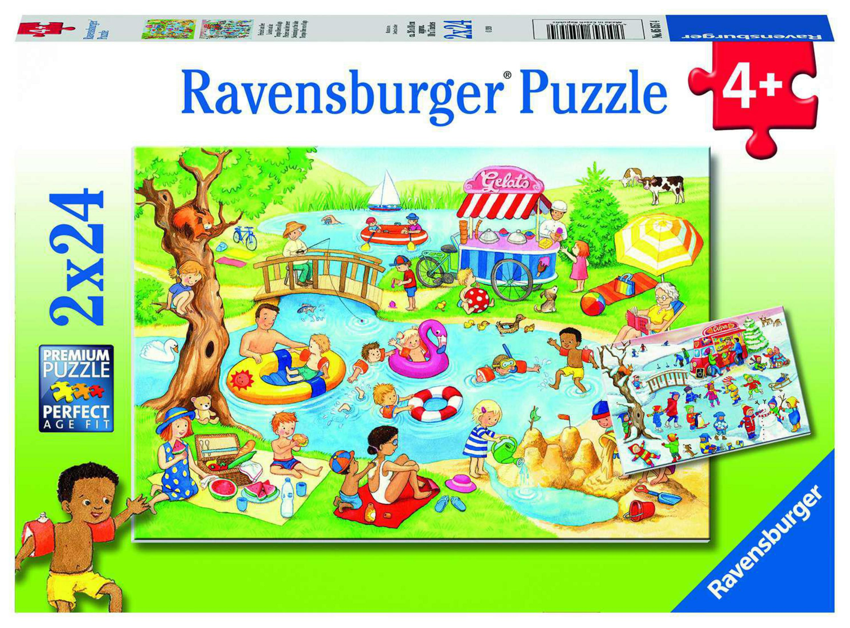Pudełko z puzzlami Ravensburger ze sceną plażową, ludźmi i ikoną elementu układanki, wszystko na zielonym tle.