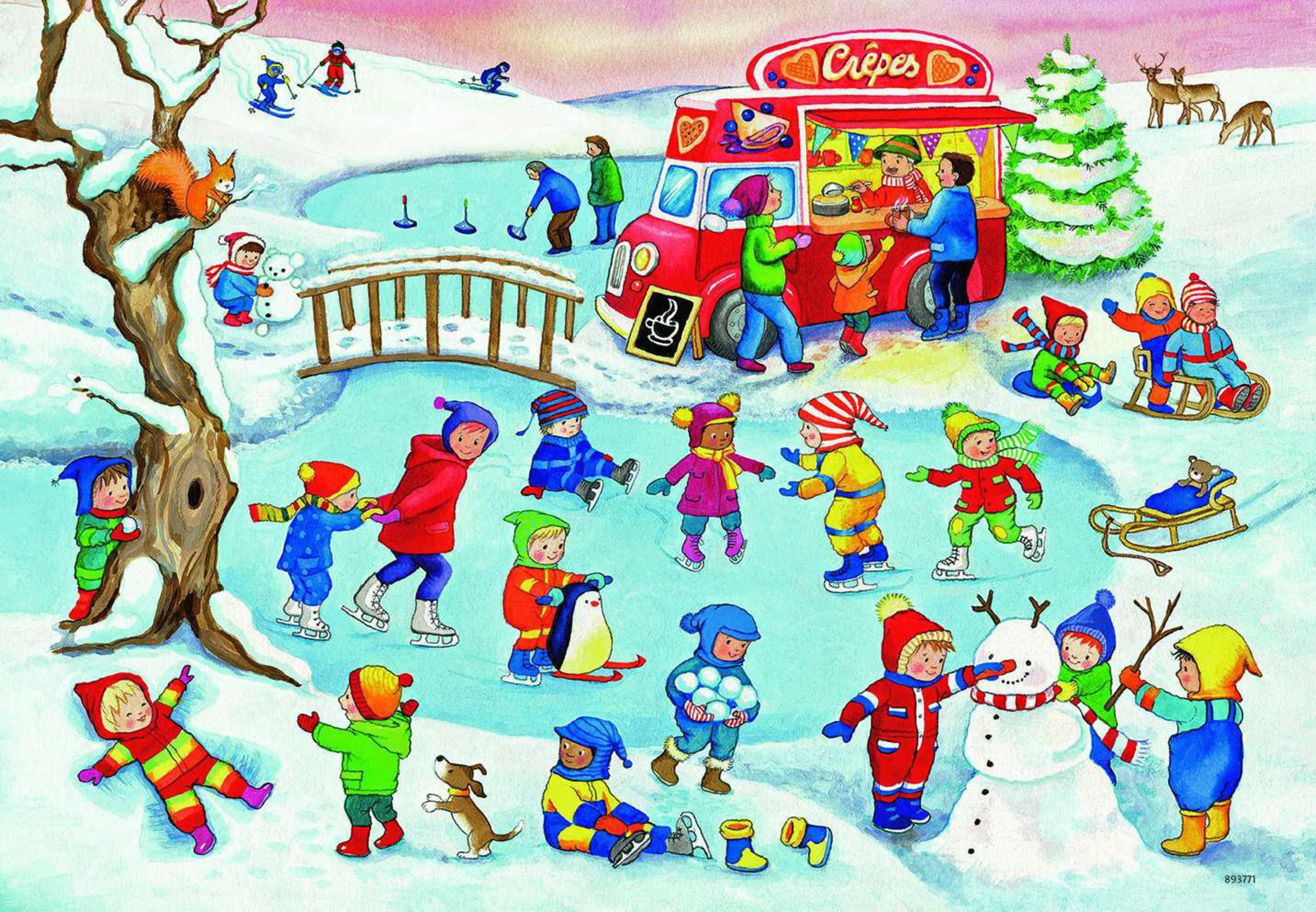 Zimowa scena z dziećmi jeżdżącymi na łyżwach, budującymi bałwany i czerwonym straganem z jedzeniem.