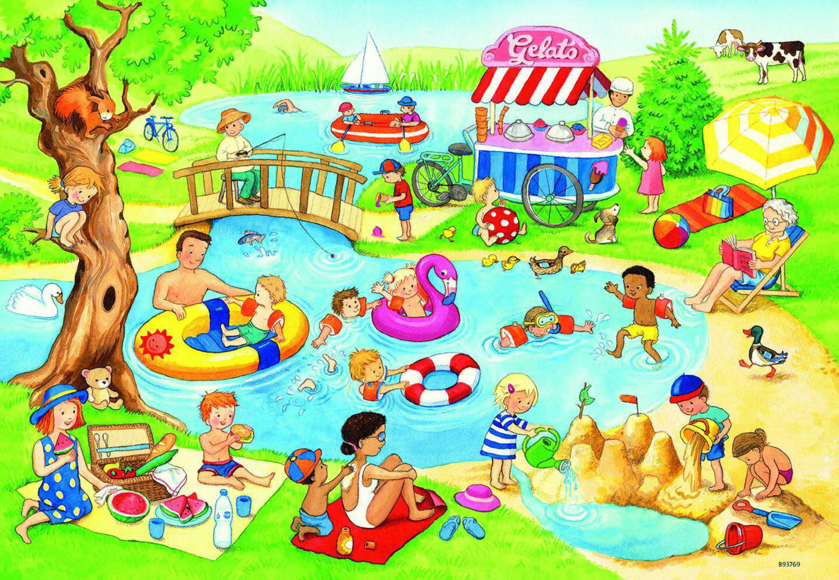 Kolorowa ilustracja sceny nad jeziorem z ludźmi uprawiającymi różne aktywności, w tym pływanie.