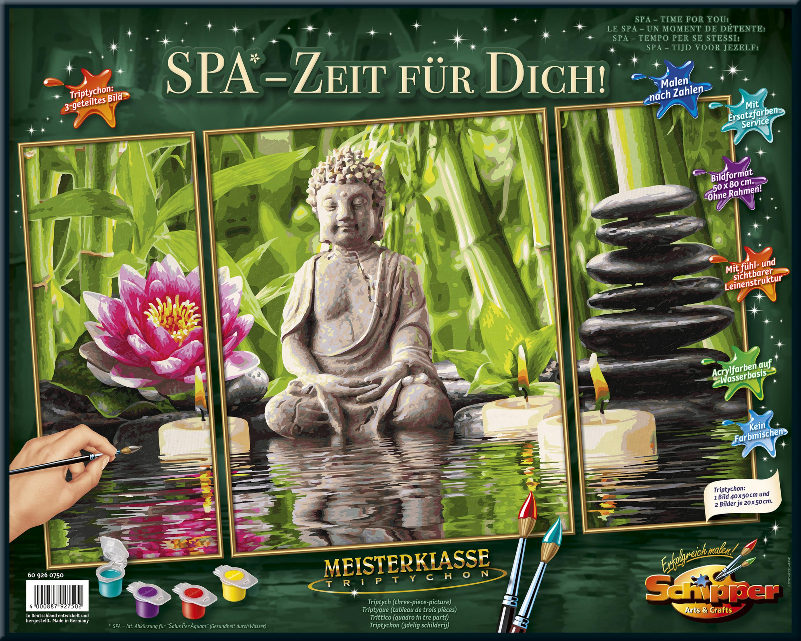 Malen-nach-Zahlen-Triptychon mit Buddha, Lotus, Kerzen. Grüne und gelbe Farbtöne.