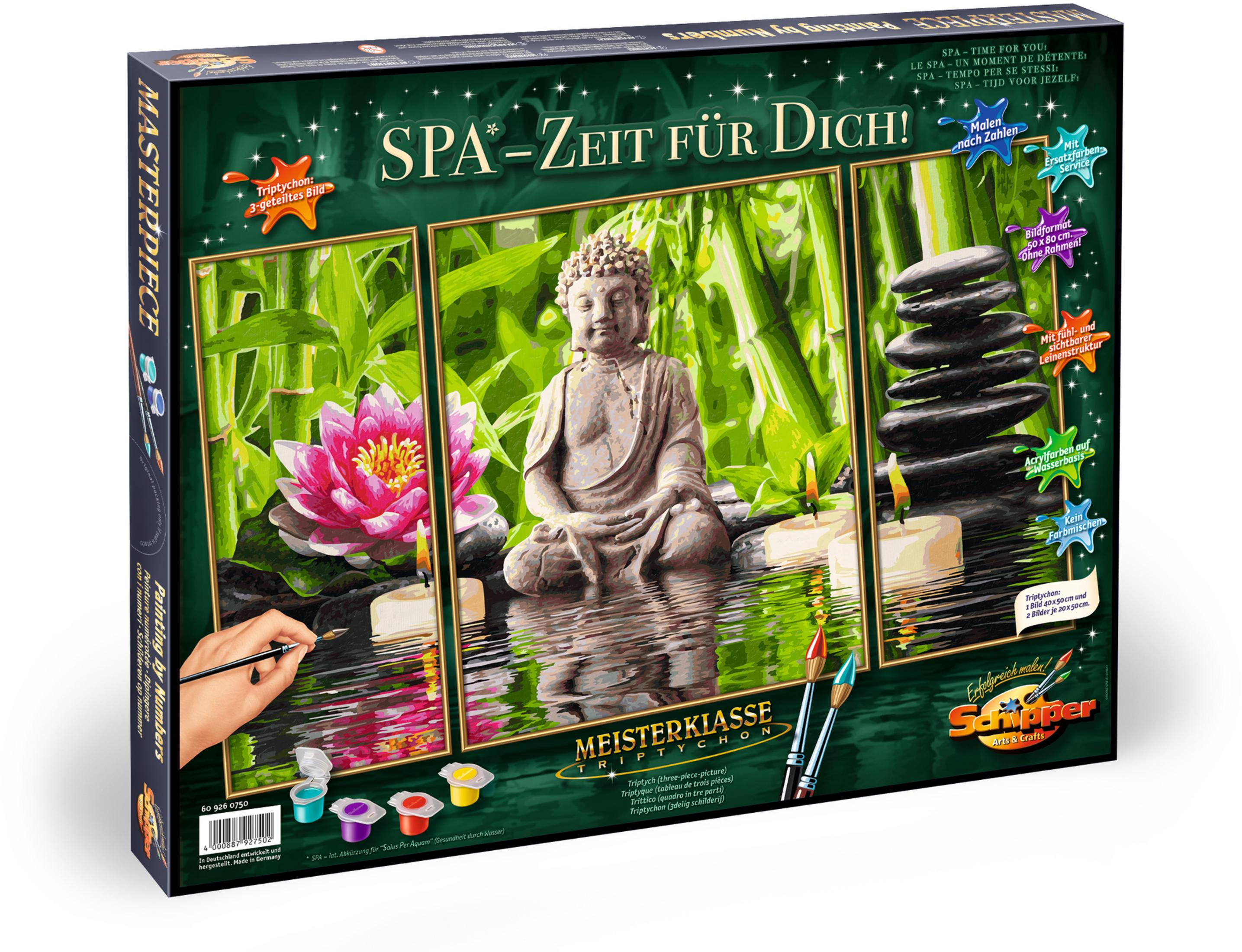 Verpackte Malen-nach-Zahlen-Kunst. Buddha, Lotus, Kerzen im Wasser, Bambushintergrund.