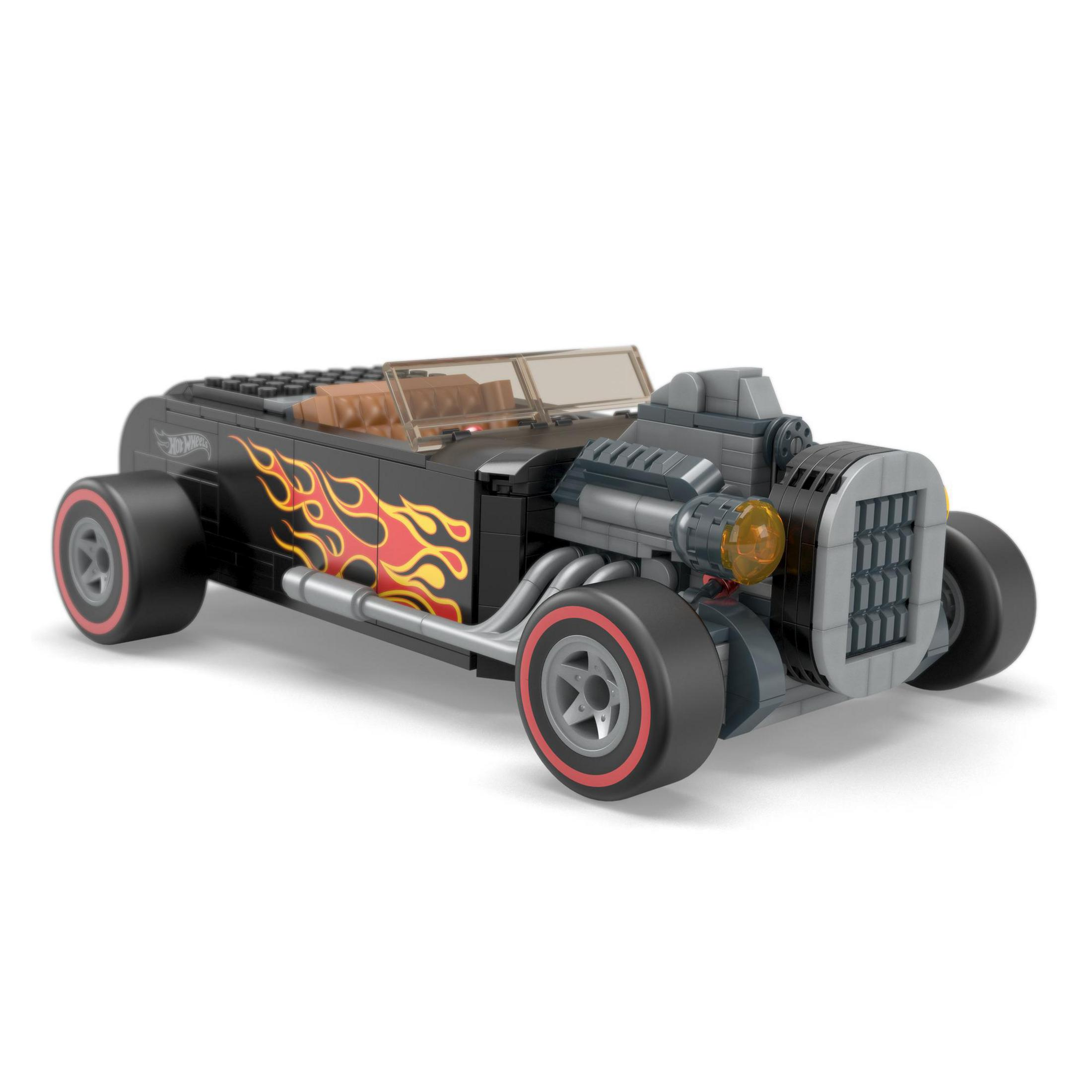 Schwarzes Hot Wheels Automodell mit Flammen an der Seite und roten Rädern.