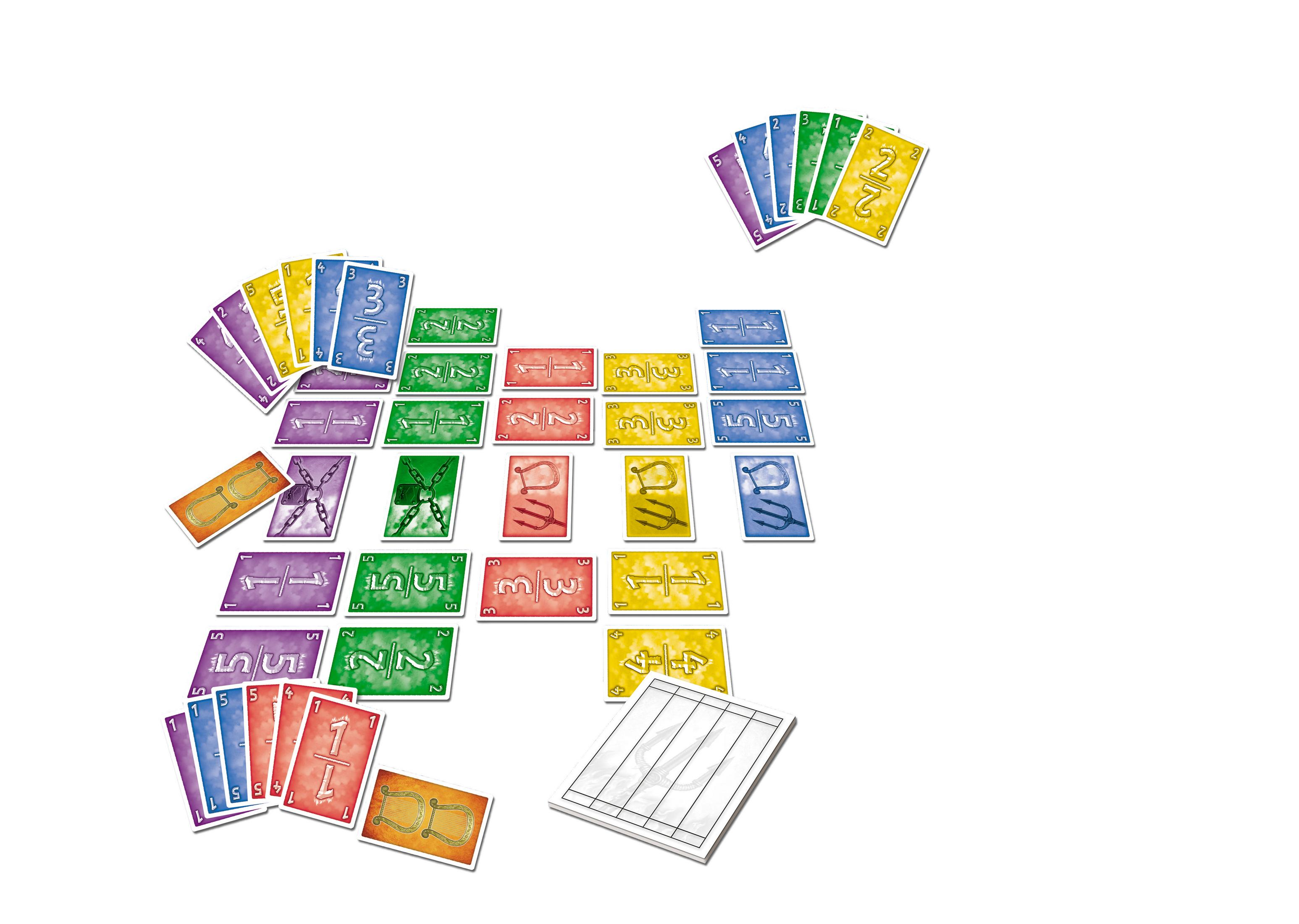 Ein Brettspiel mit bunten Karten und Spielsteinen. Die Karten sind fächerförmig angeordnet.