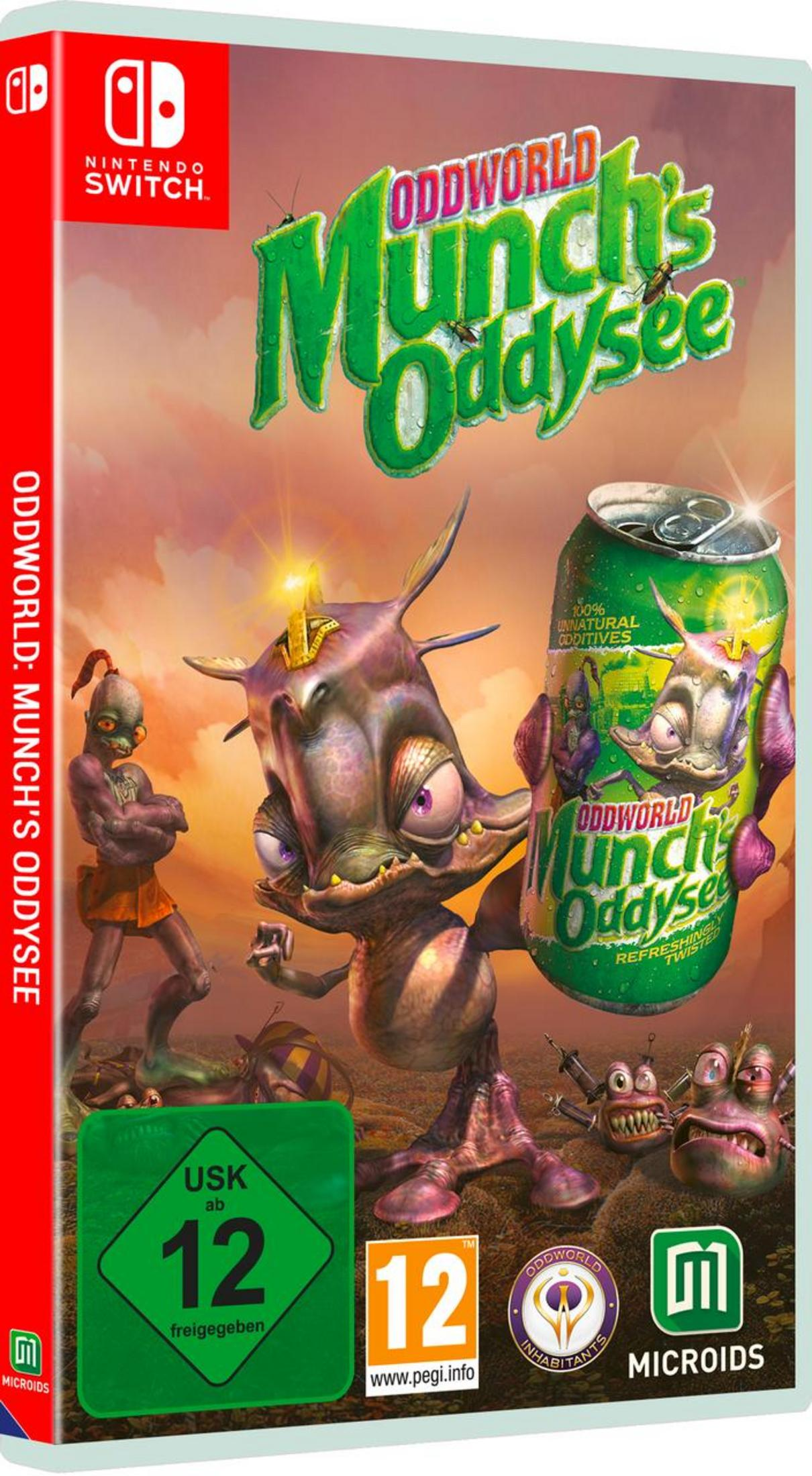 Eine Nintendo Switch Spielverpackung für Oddworld: Munch's Oddysee. Zeigt eine grüne Dose und einen Alien.