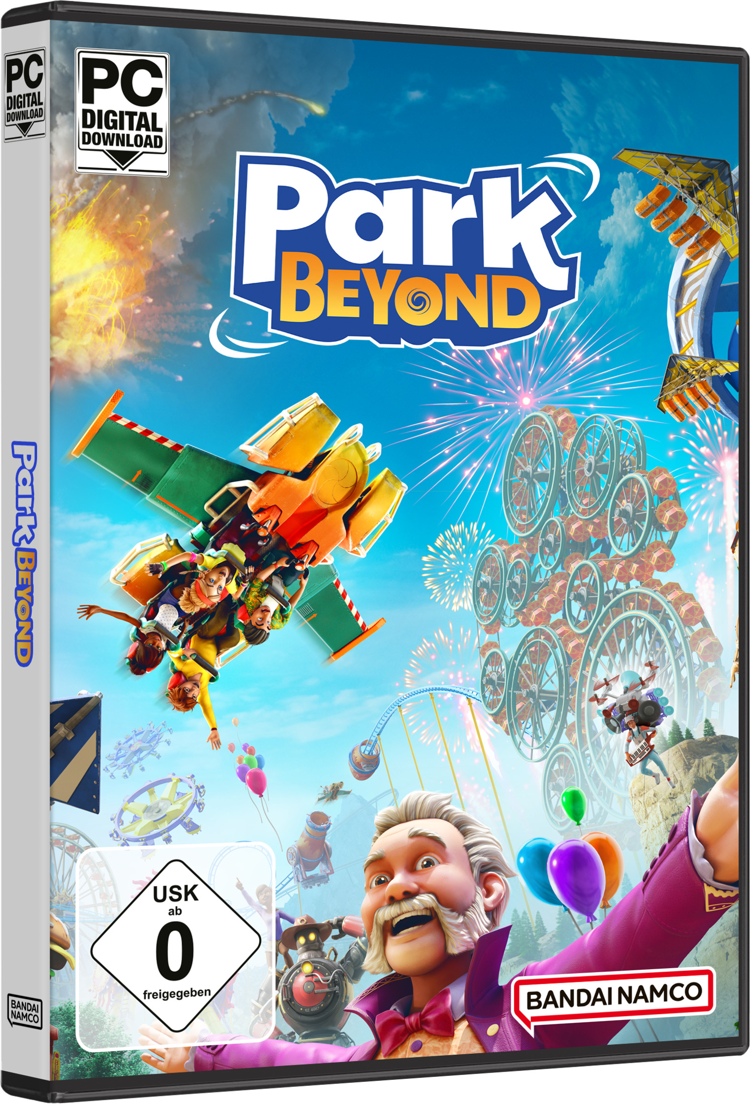 Spielbox-Kunst für "Park Beyond" zeigt eine Achterbahn, Menschen und einen Mann in einem lila Mantel.