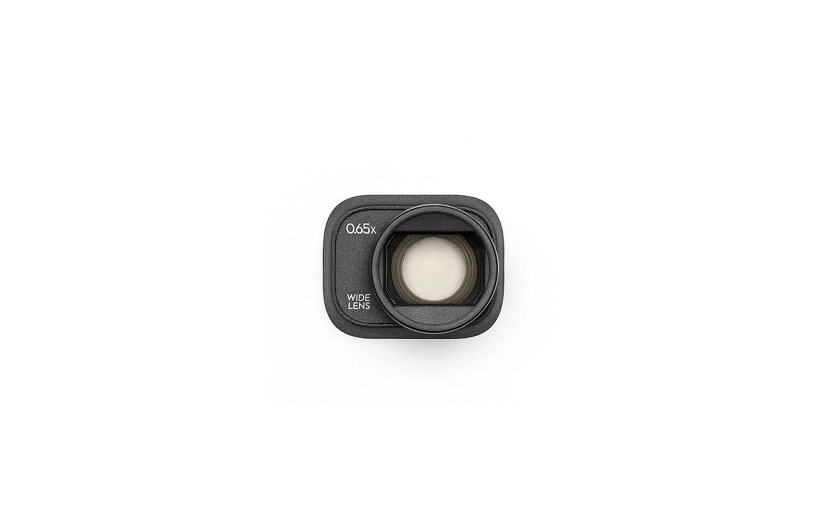 Schwarze Weitwinkelobjektiv für eine Kamera. Es hat eine kreisförmige Form mit "0.65x" und "WIDE LENS".