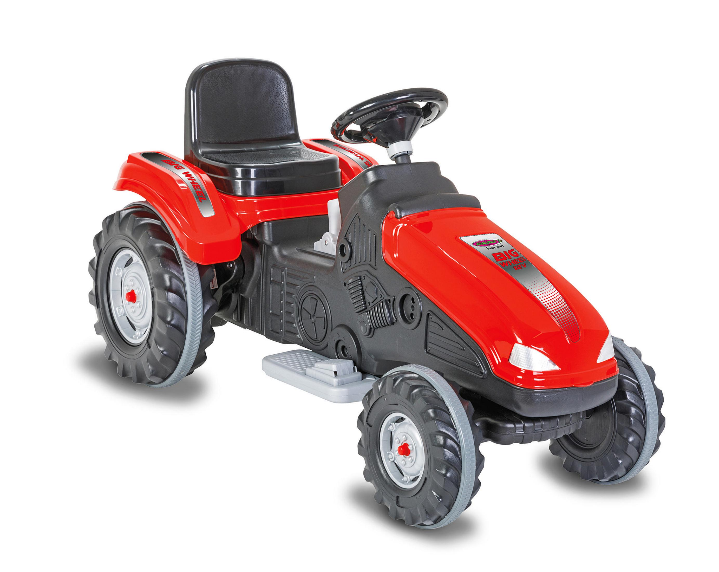 Roter Spielzeugtraktor mit schwarzem Sitz, Rädern und Lenkrad, auf weißer Oberfläche.