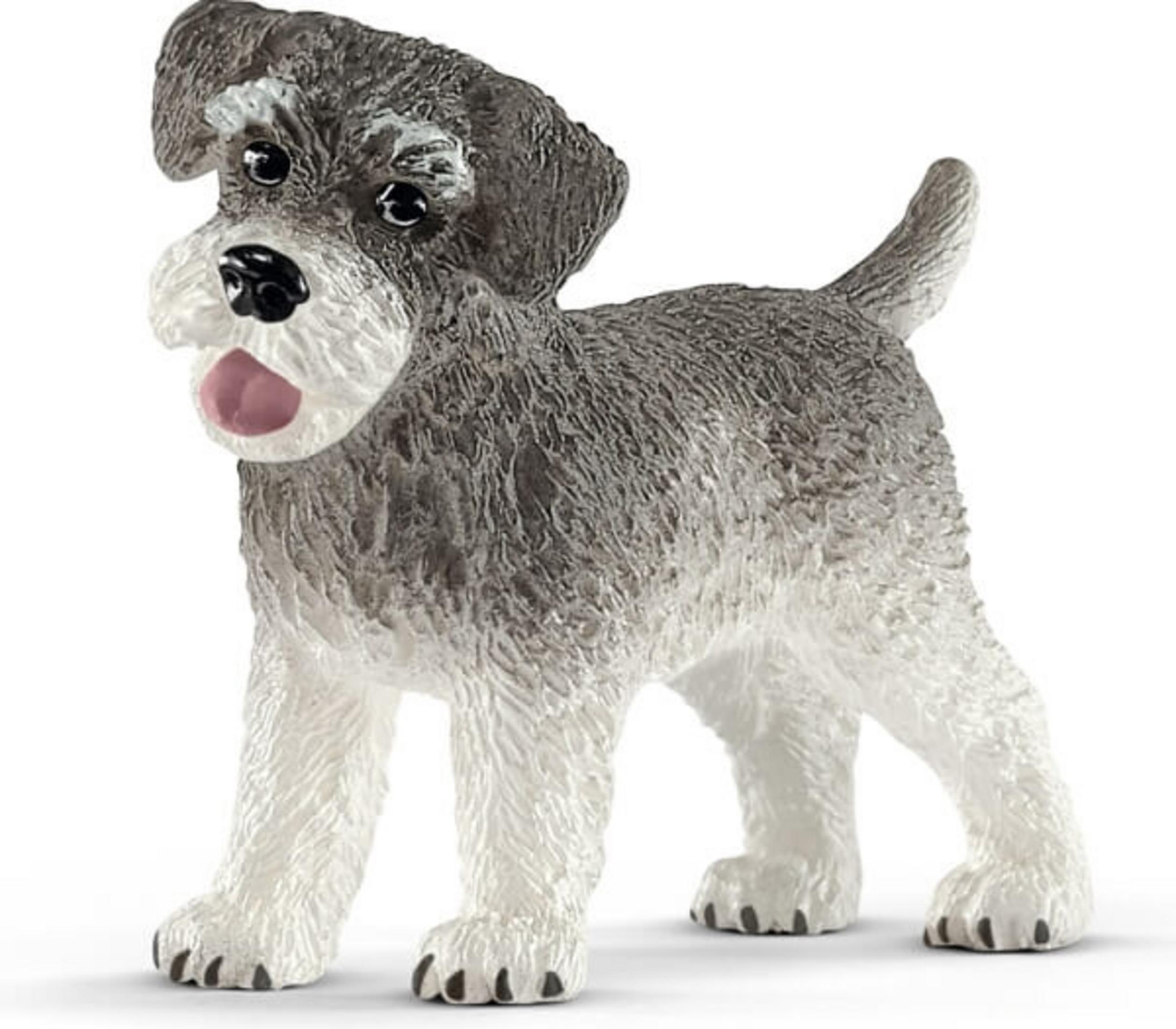 Zabawka dla psa rasy sznaucer. Szary i biały z otwartą paszczą i różowym językiem.