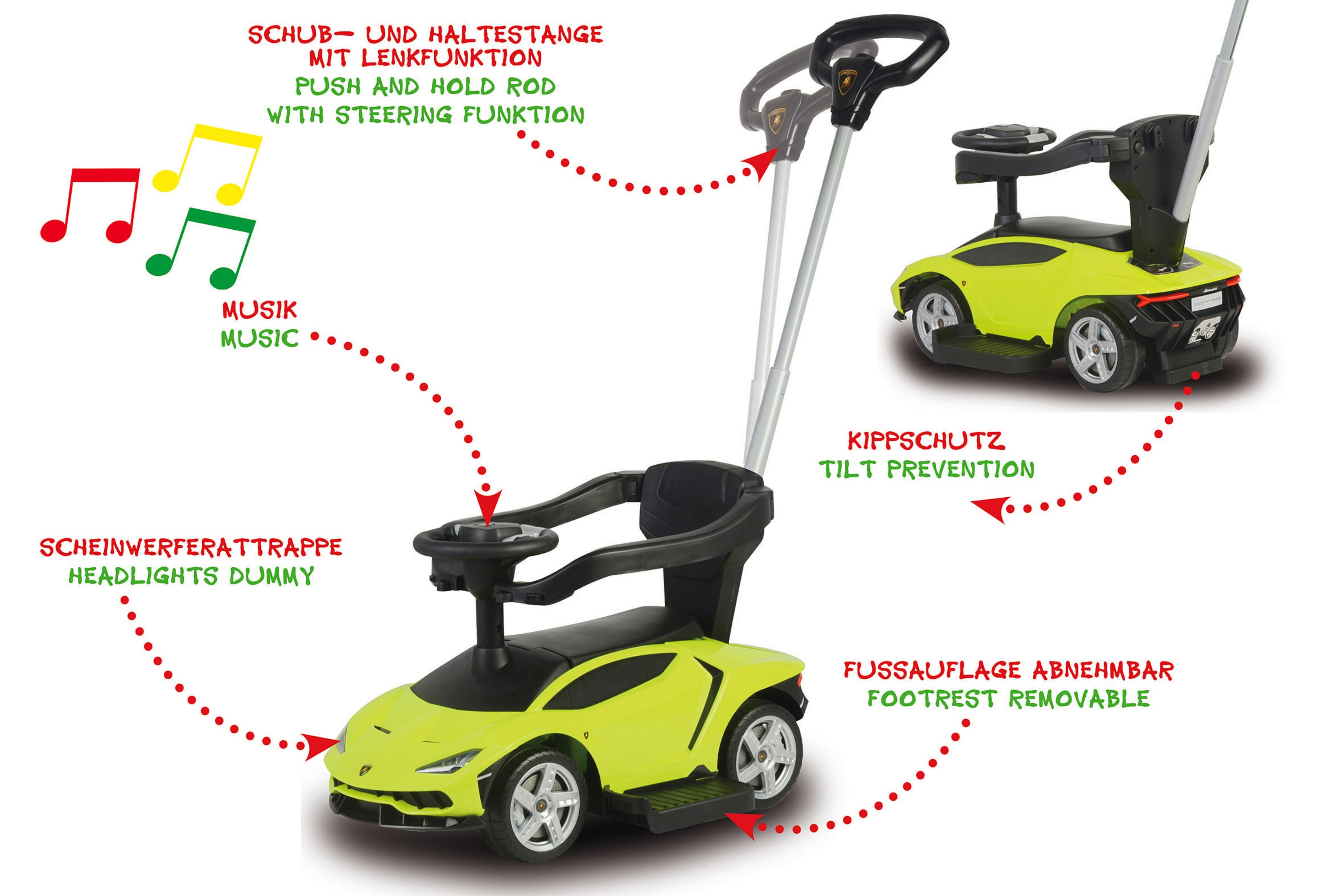 Un coche de juguete verde y amarillo con asa y volante, con etiquetas en alemán.