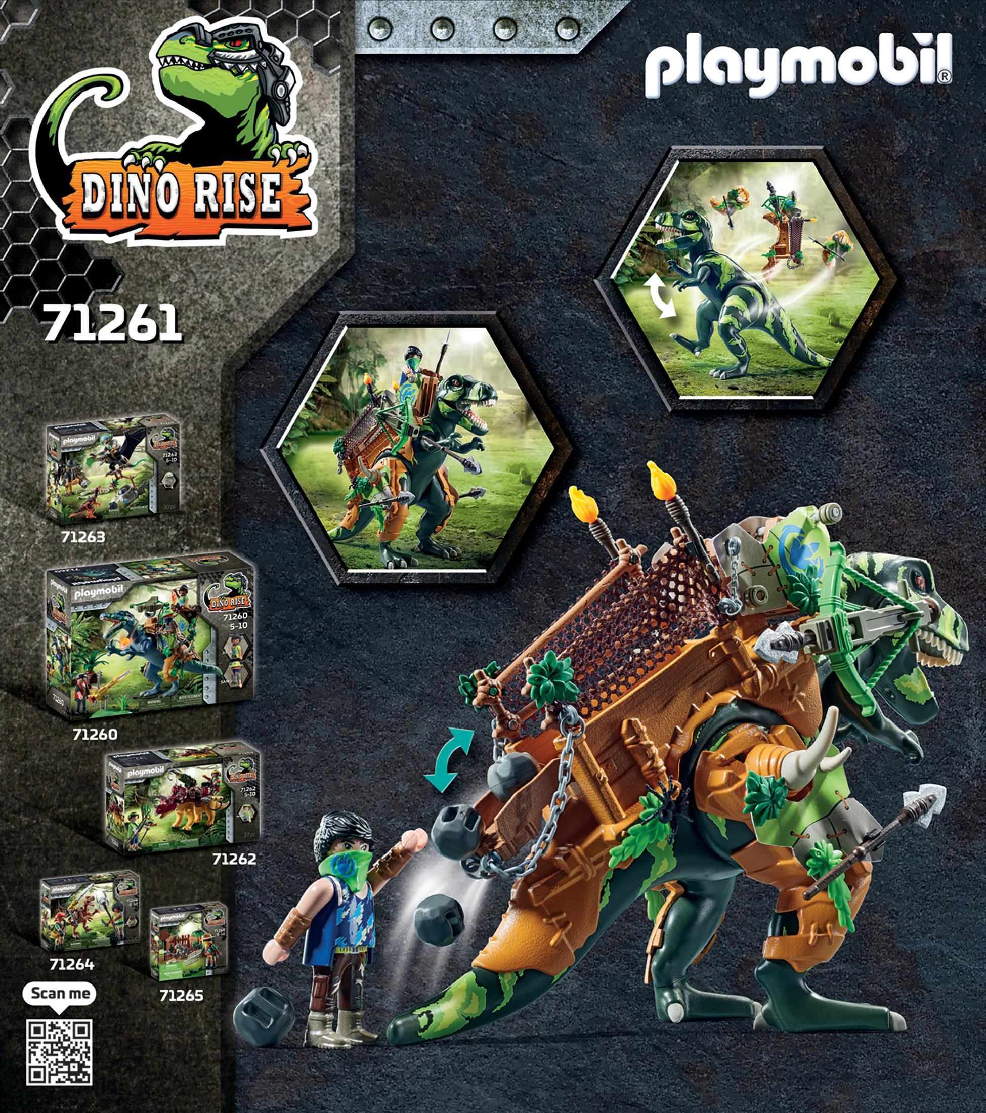 Set Playmobil Dino Rise. Un dinosauro con armatura, un personaggio con arma e più scatole.