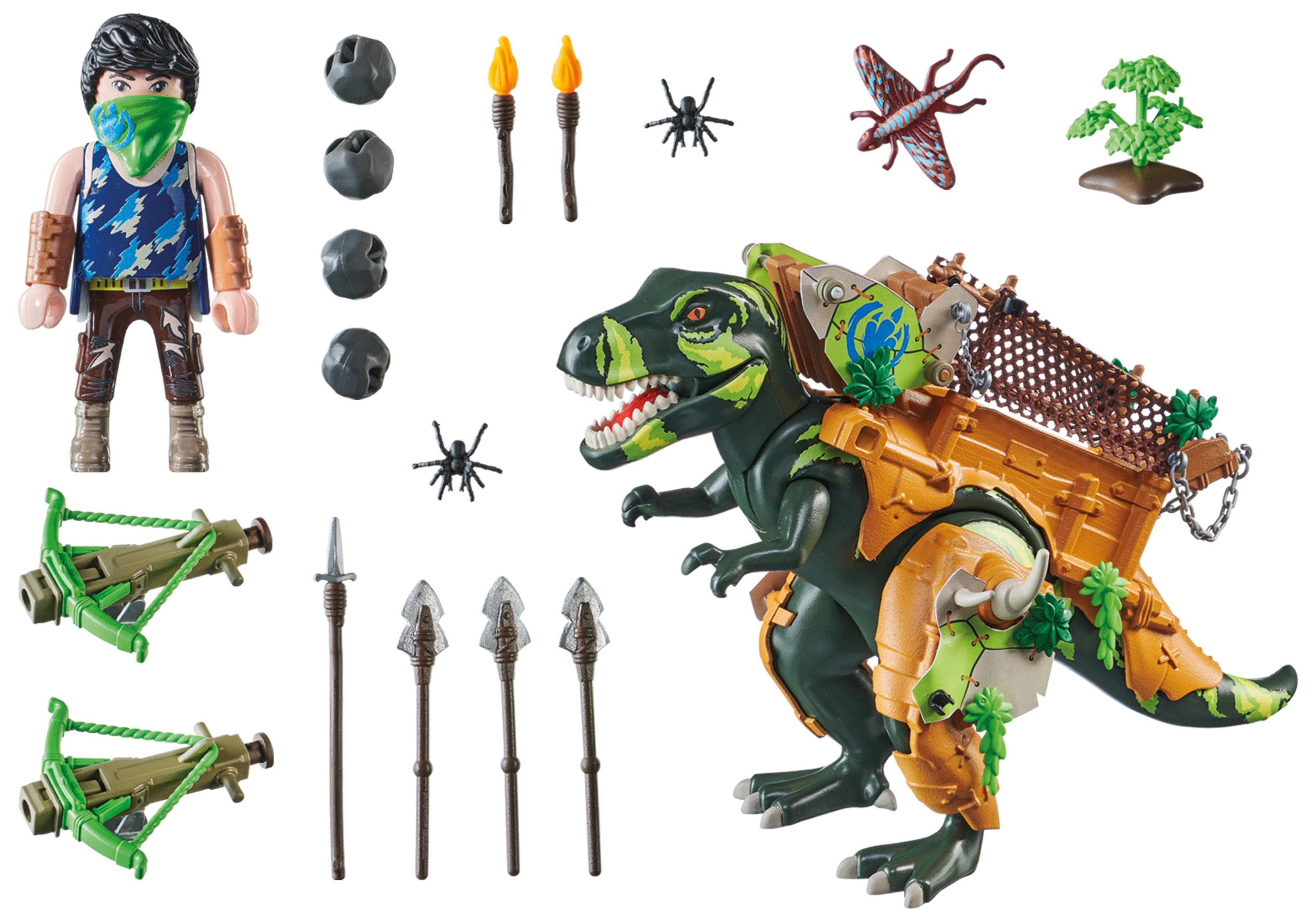 Set Playmobil con dinosauro, personaggi e accessori, sfondo bianco.